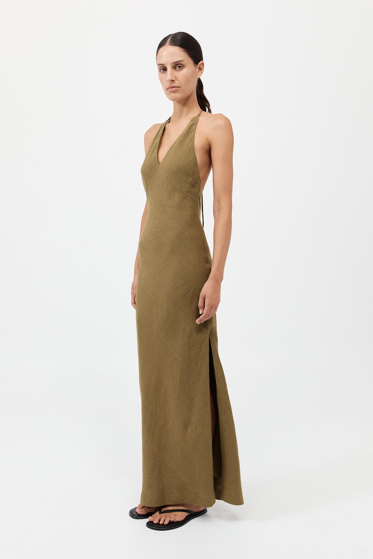 Linen Bias Halter Dress - Olive - 4