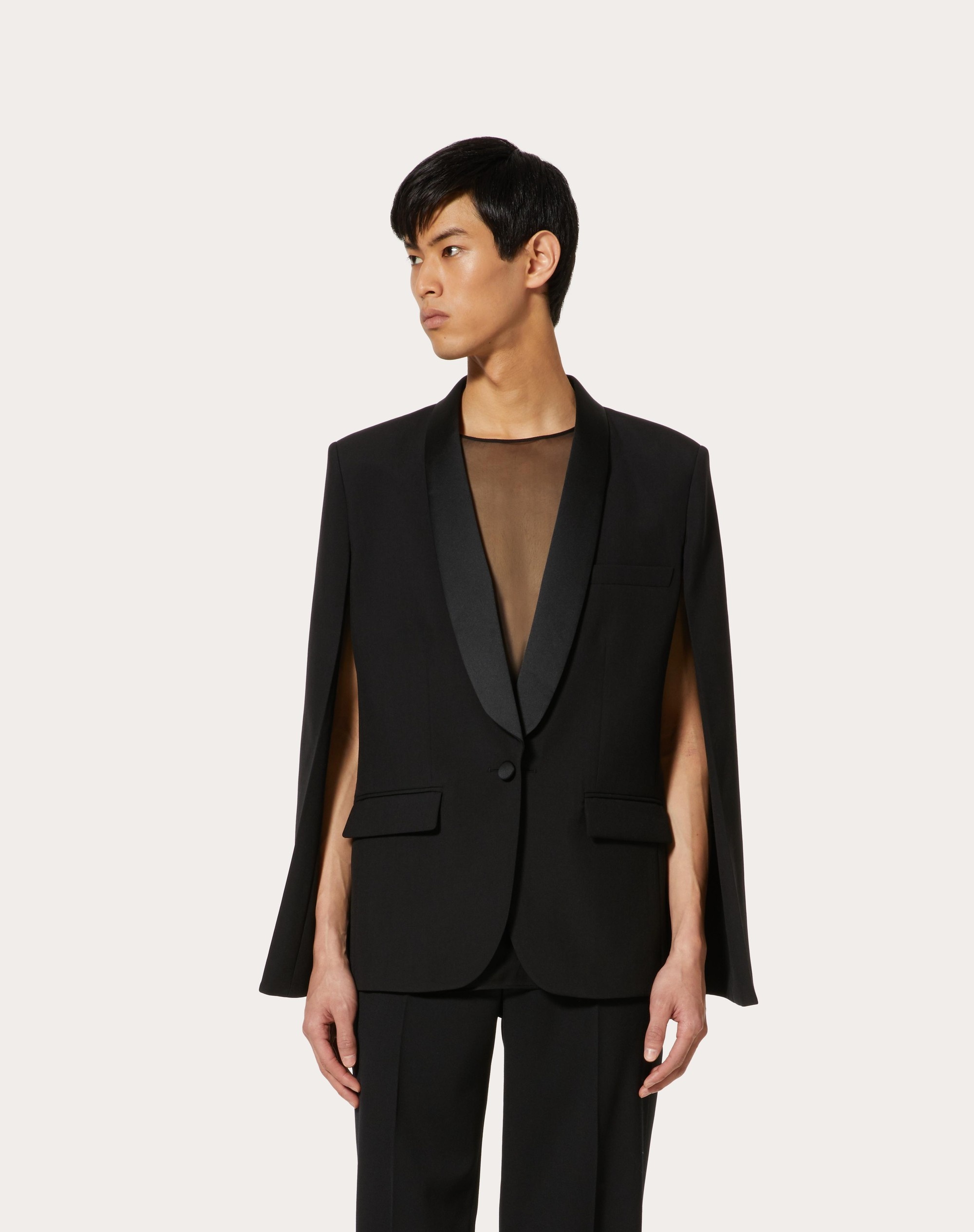 WOOL CAPE JACKET WITH INNER CHIFFON BIB - 3