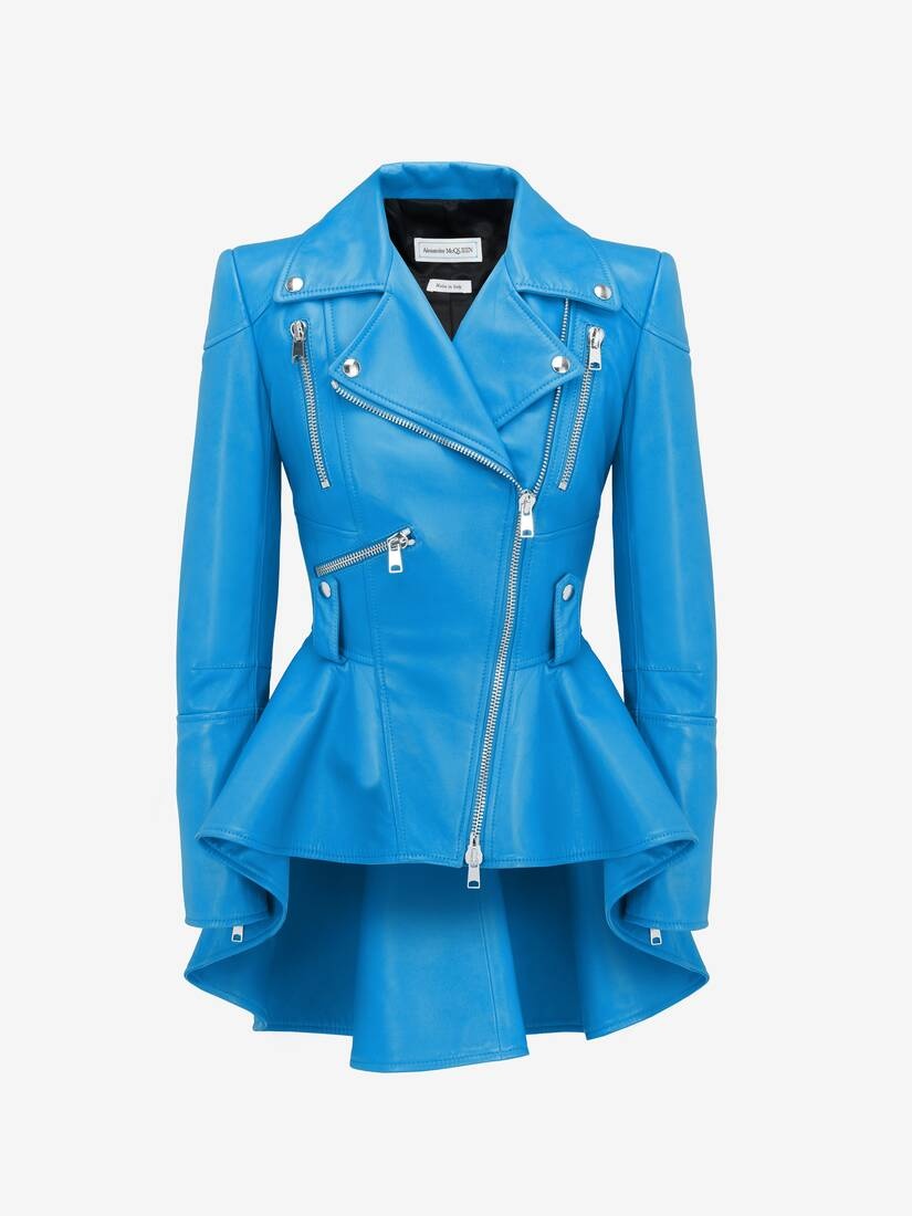 Women's Peplum Leather Jacket in Lapis Blue - 1