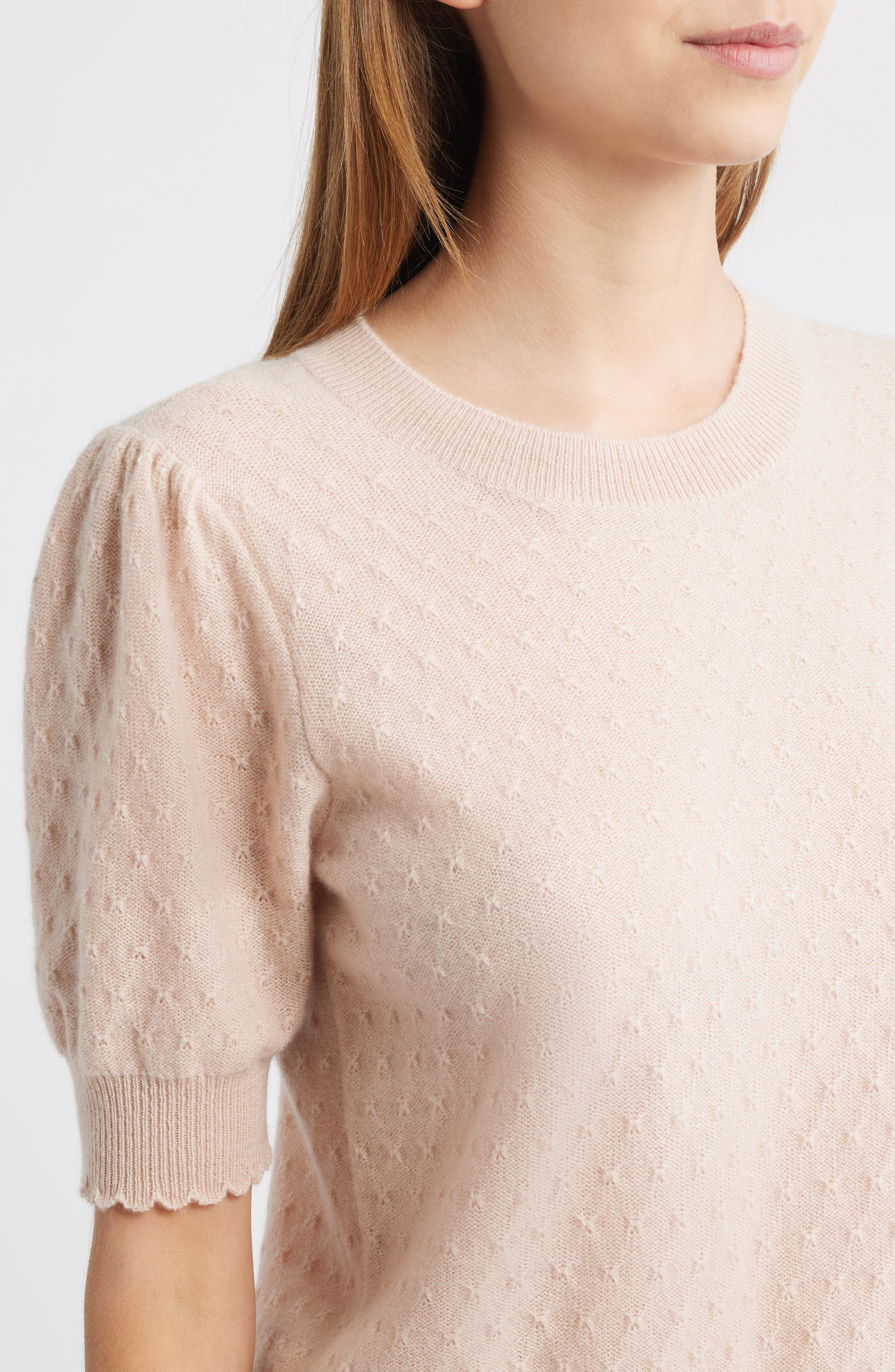 FRAME Puff Sleeve Pointelle Cashmere Sweater in Pink Sand at Nordstrom - 4