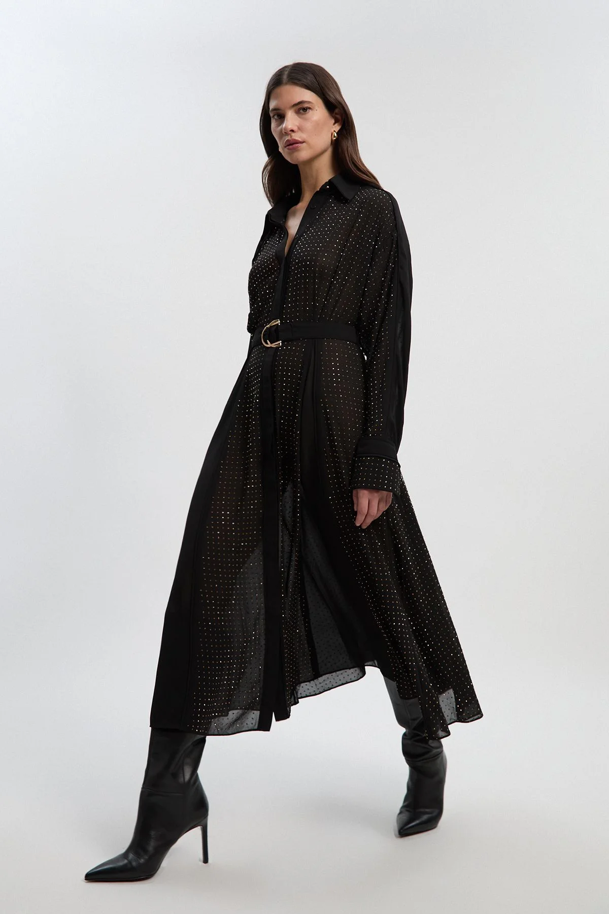 Hotfix Studded Long Sleeve Shirt Woven Maxi Dress - 1