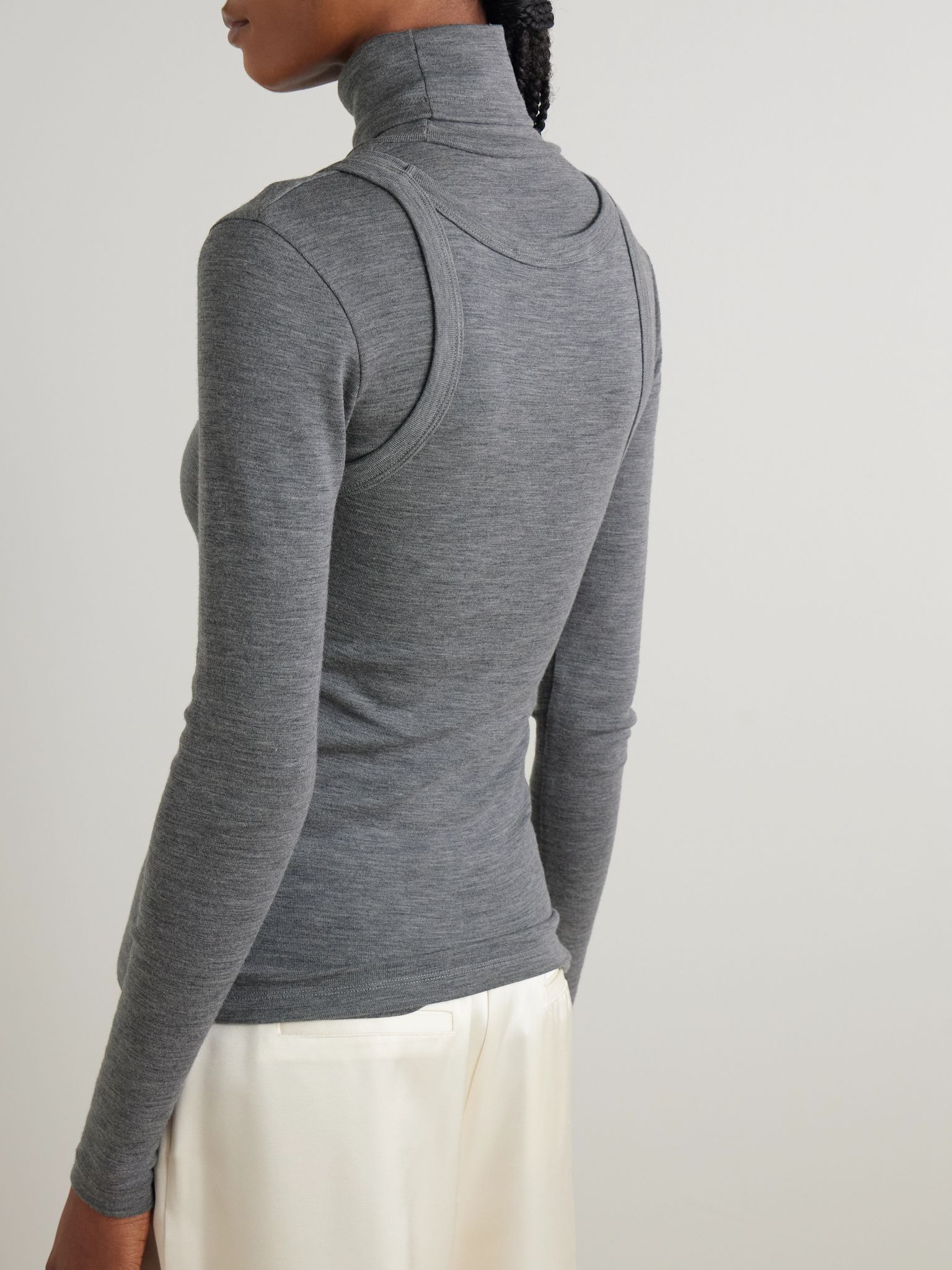 Convertible layered merino wool-jersey turtleneck top Charcoal - 4