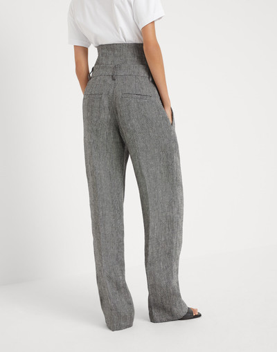 Brunello Cucinelli Irish linen chevron loose straight trousers with removable corset waistband and monili outlook