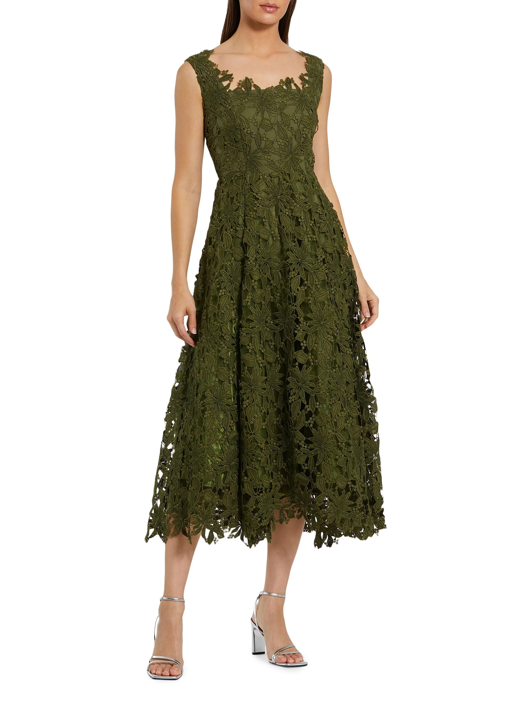 Women's Lace A-Line Midi-Dress - Army Green - 1