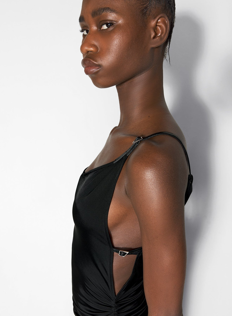 black asymmetrical buckled strap dress 4