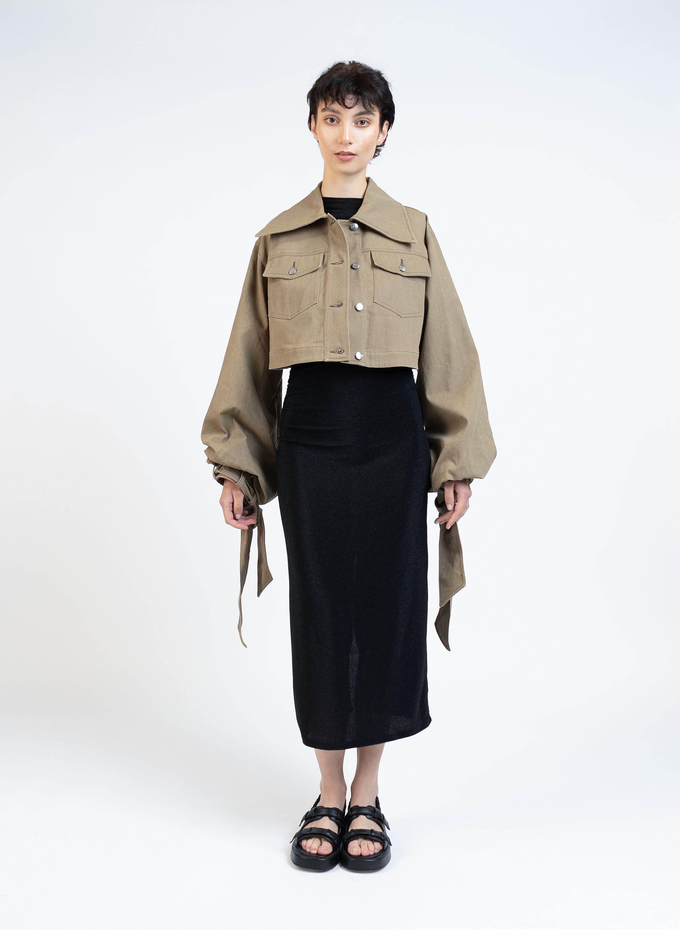Denim Jacket with Maxi Sleeves/Khaki - 1