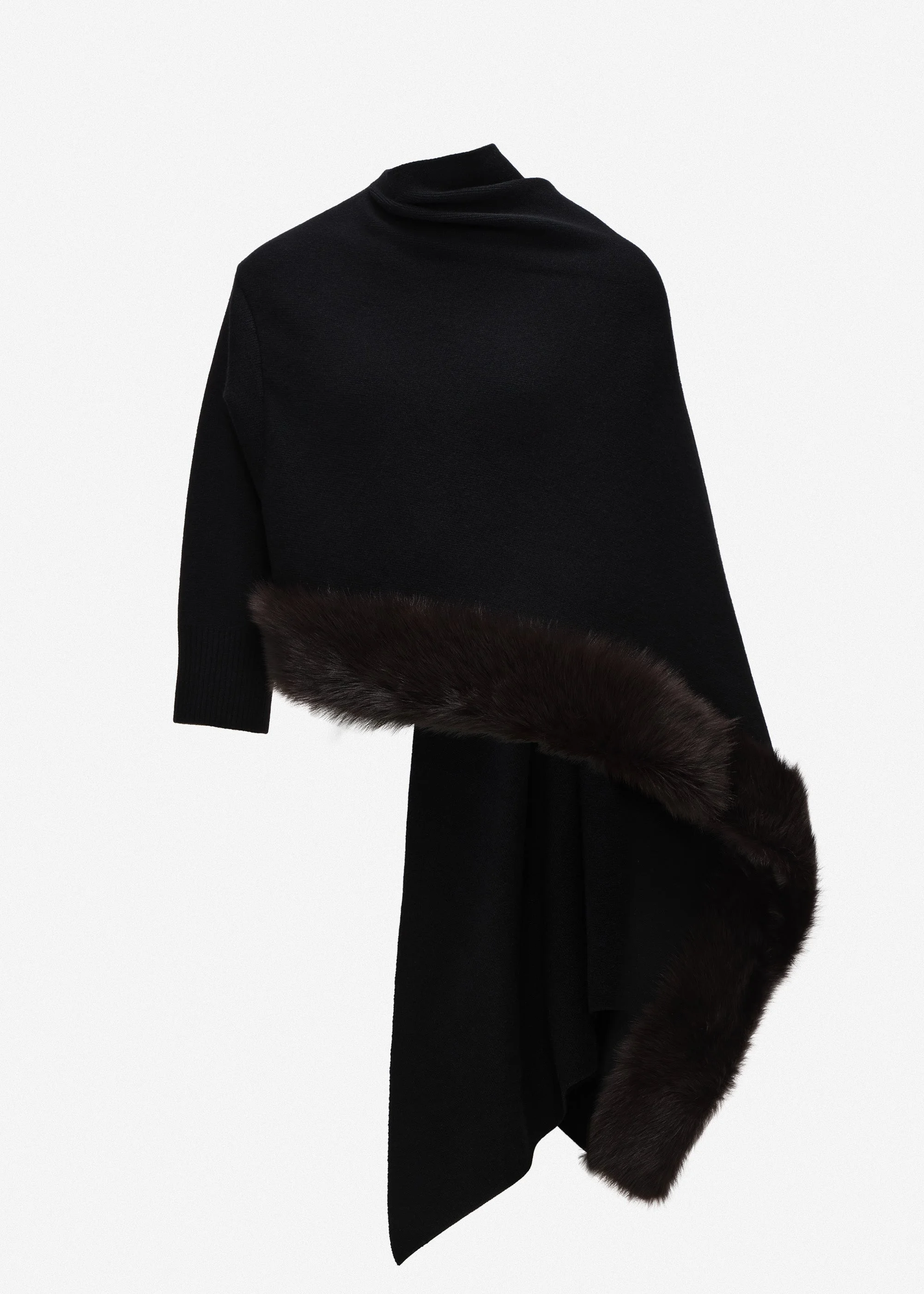 Faux fur-trim knit cape in black - 1