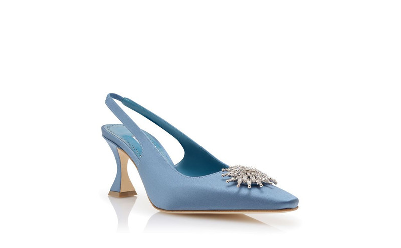 Blue Satin Crystal Embellished Slingback Pumps 3