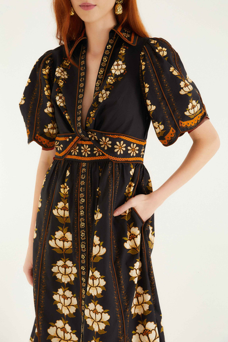 FARM RIO Black Embroidered Flowers Organic Cotton Midi Dress outlook