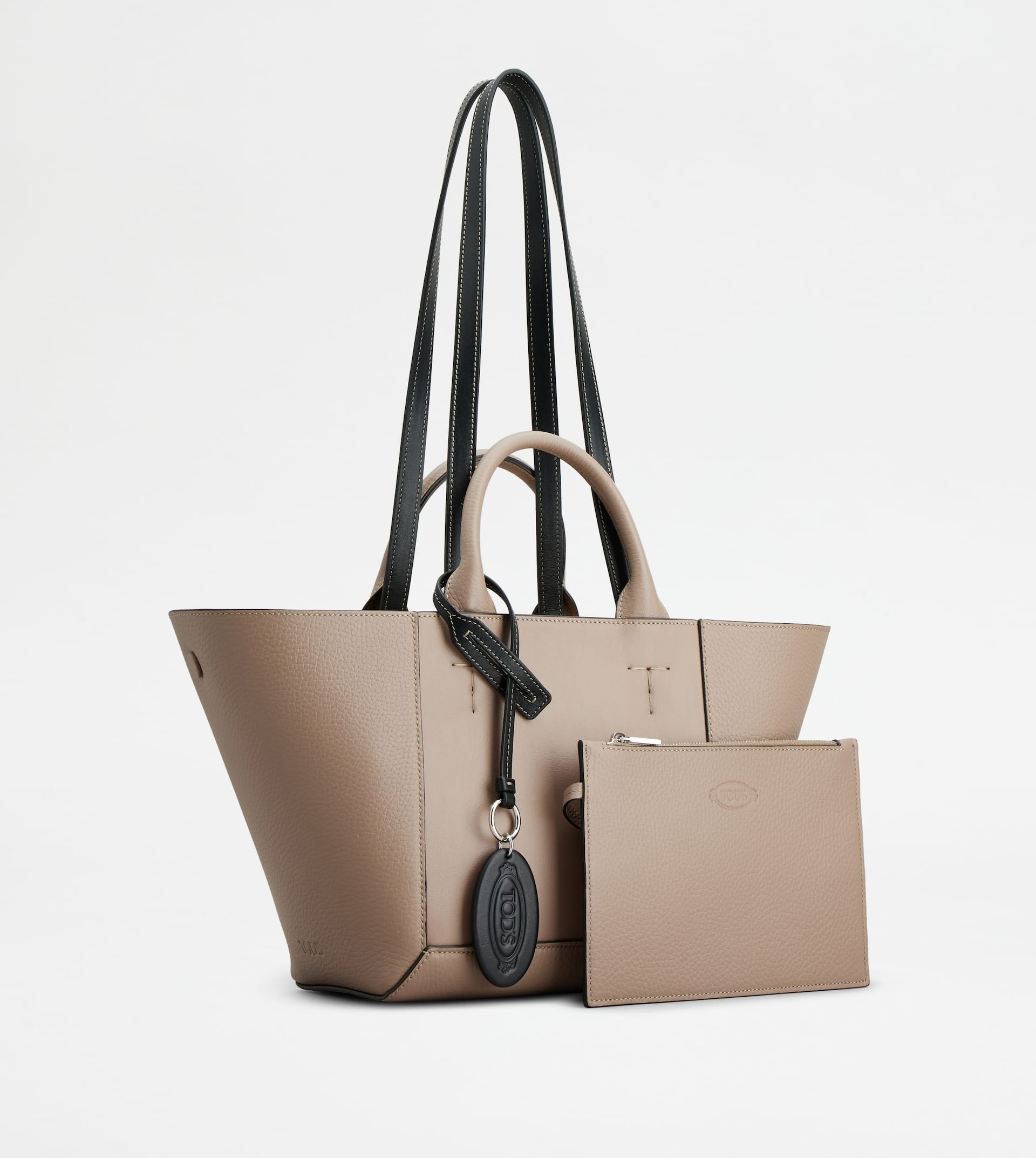 TOD'S DOUBLE UP SHOPPING BAG IN LEATHER SMALL - BEIGE, BLACK - 5