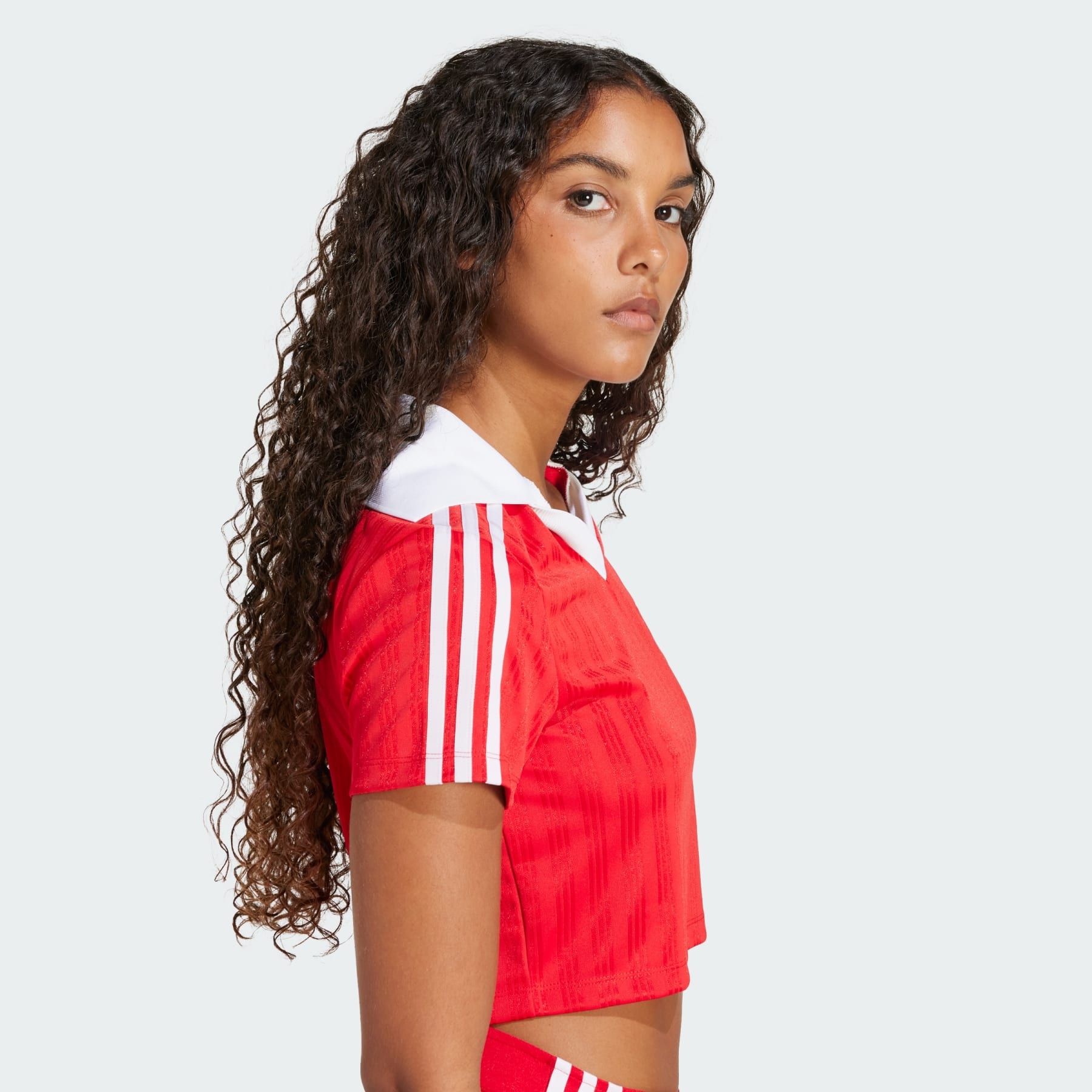★ adidas★ Football Jacquard V-Neck Crop Polo Shirt Red JD adidas Adicolor Football Jacquard V-Neck Crop Polo Shirt