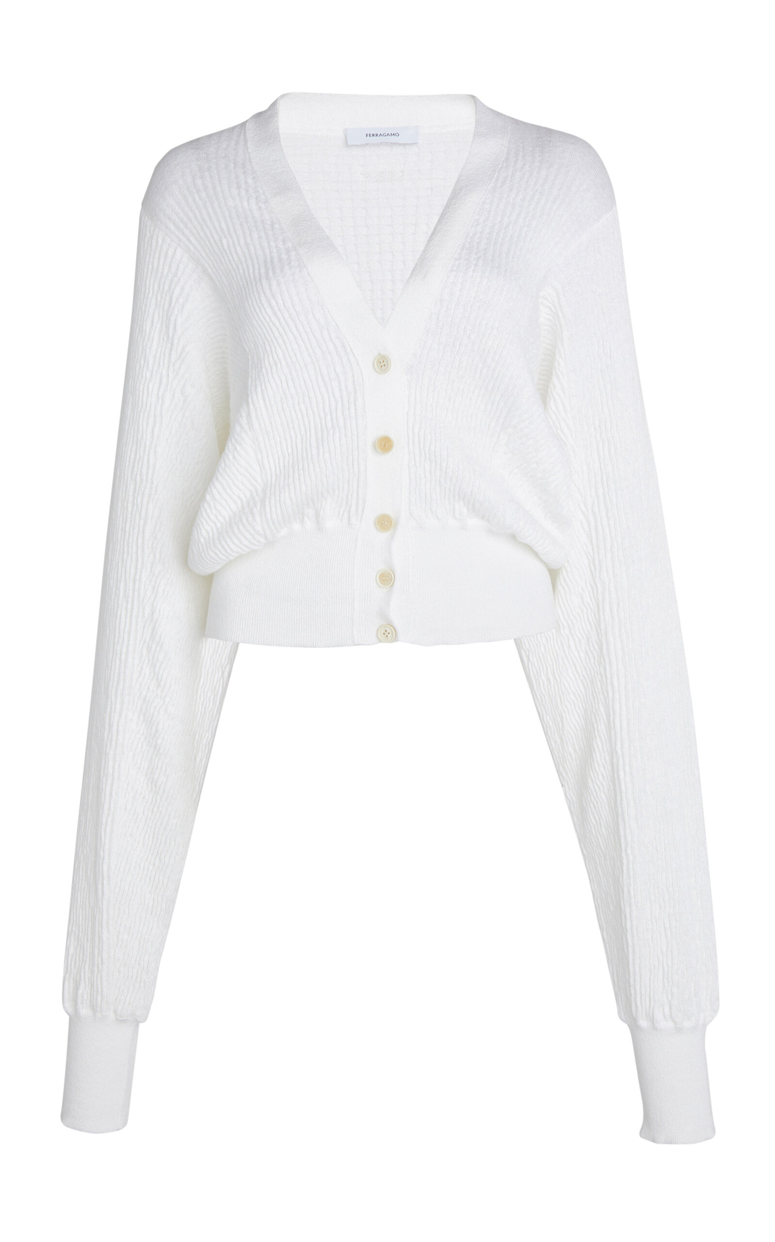 Crinkled-Knit Linen-Blend Cardigan white - 1
