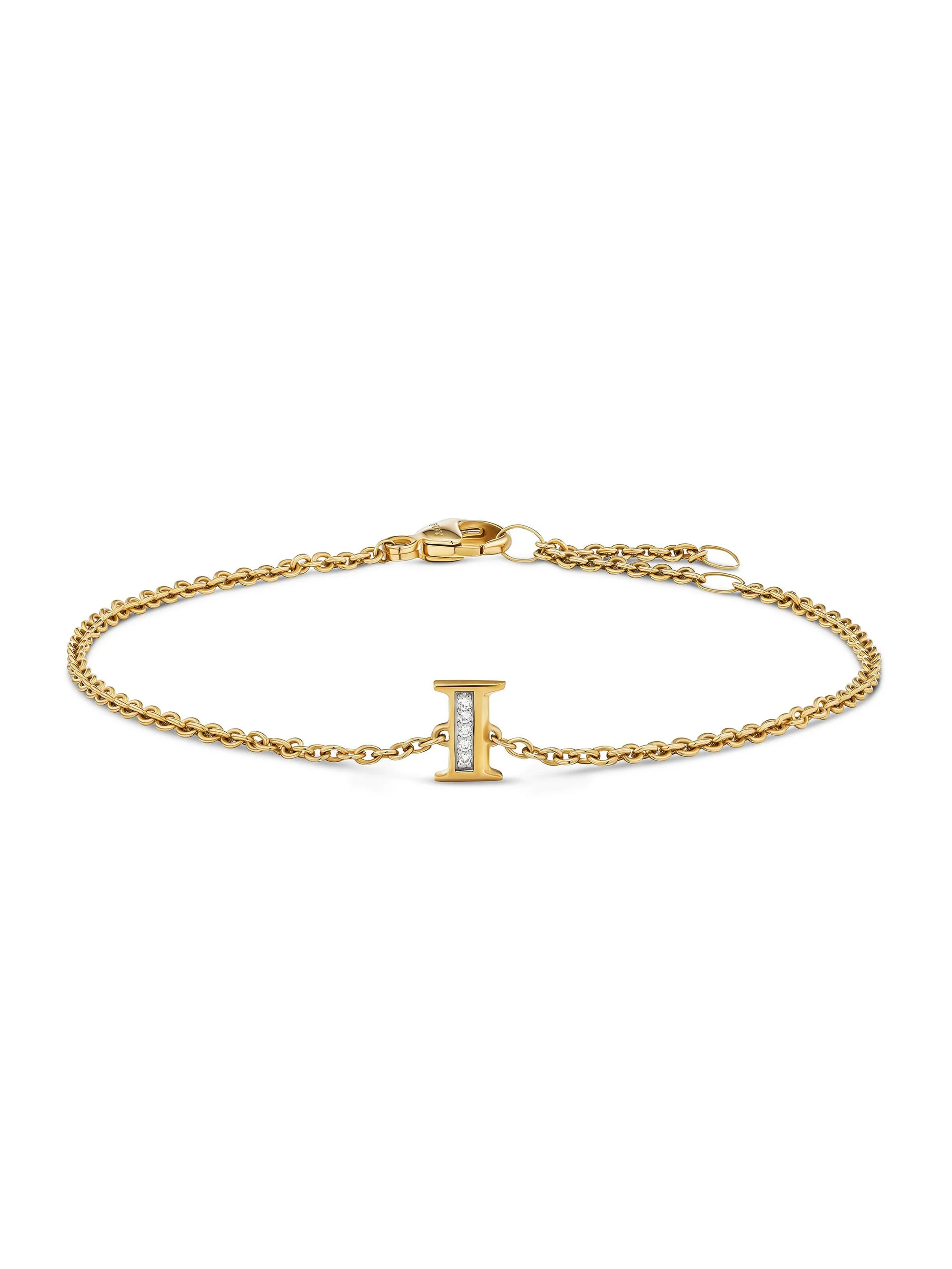 Women's Petite Pavé Initial Chain Bracelet in 18K Yellow Gold - Initial I - 1