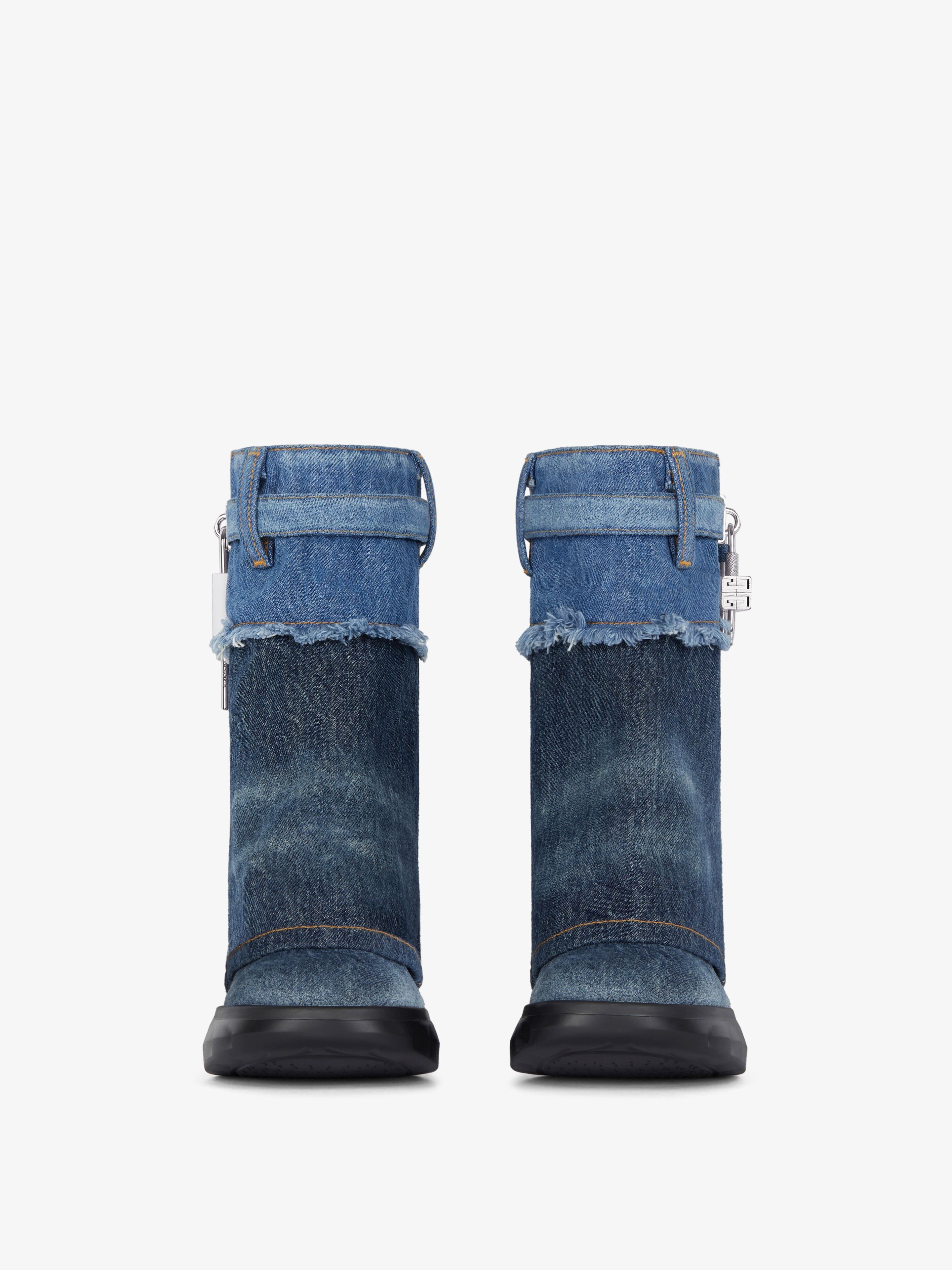 SHARK LOCK BIKER ANKLE BOOTS IN BICOLOR WASHED DENIM - 3