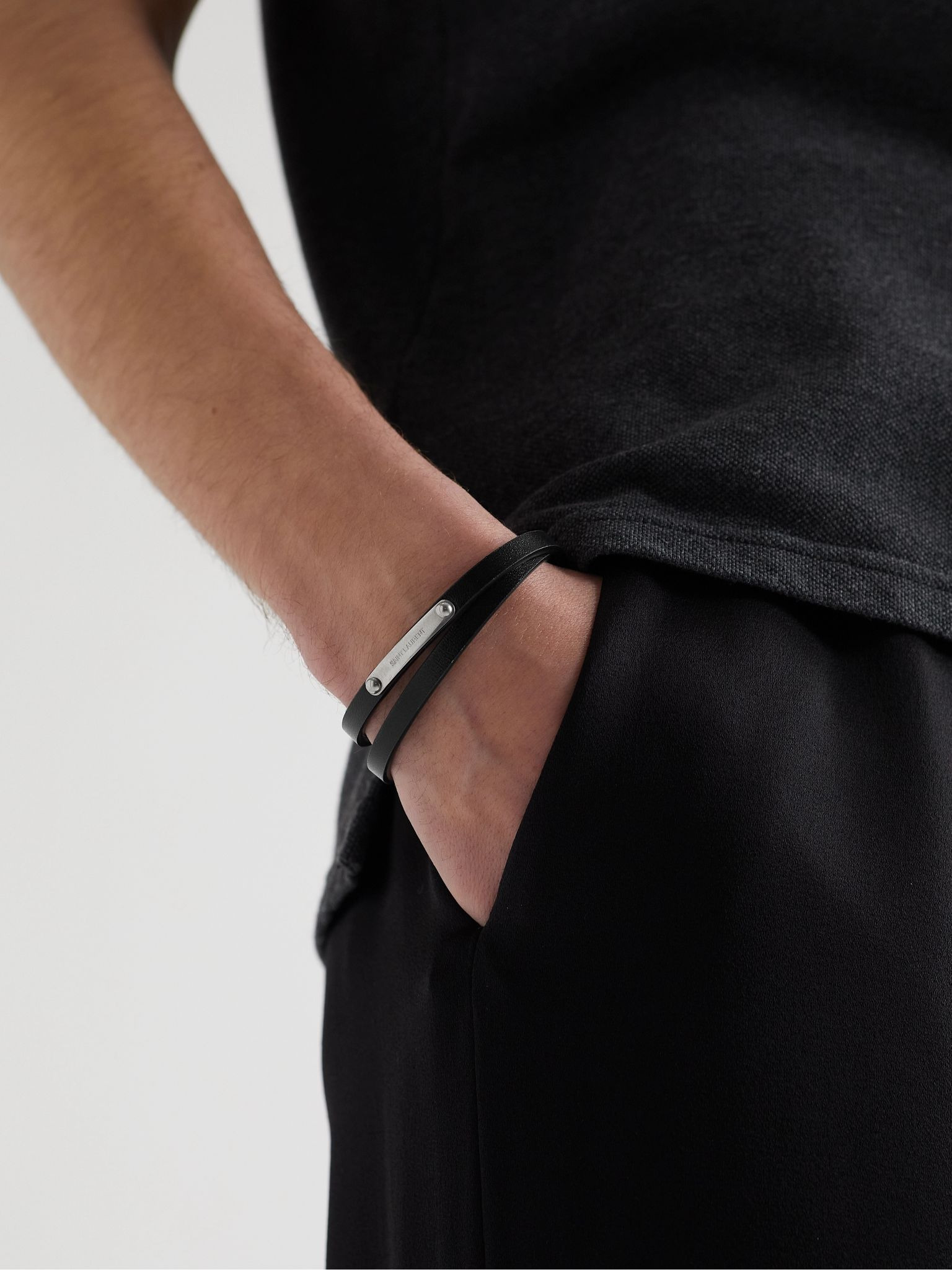 Leather and Silver-Tone Wrap Bracelet Black - 2