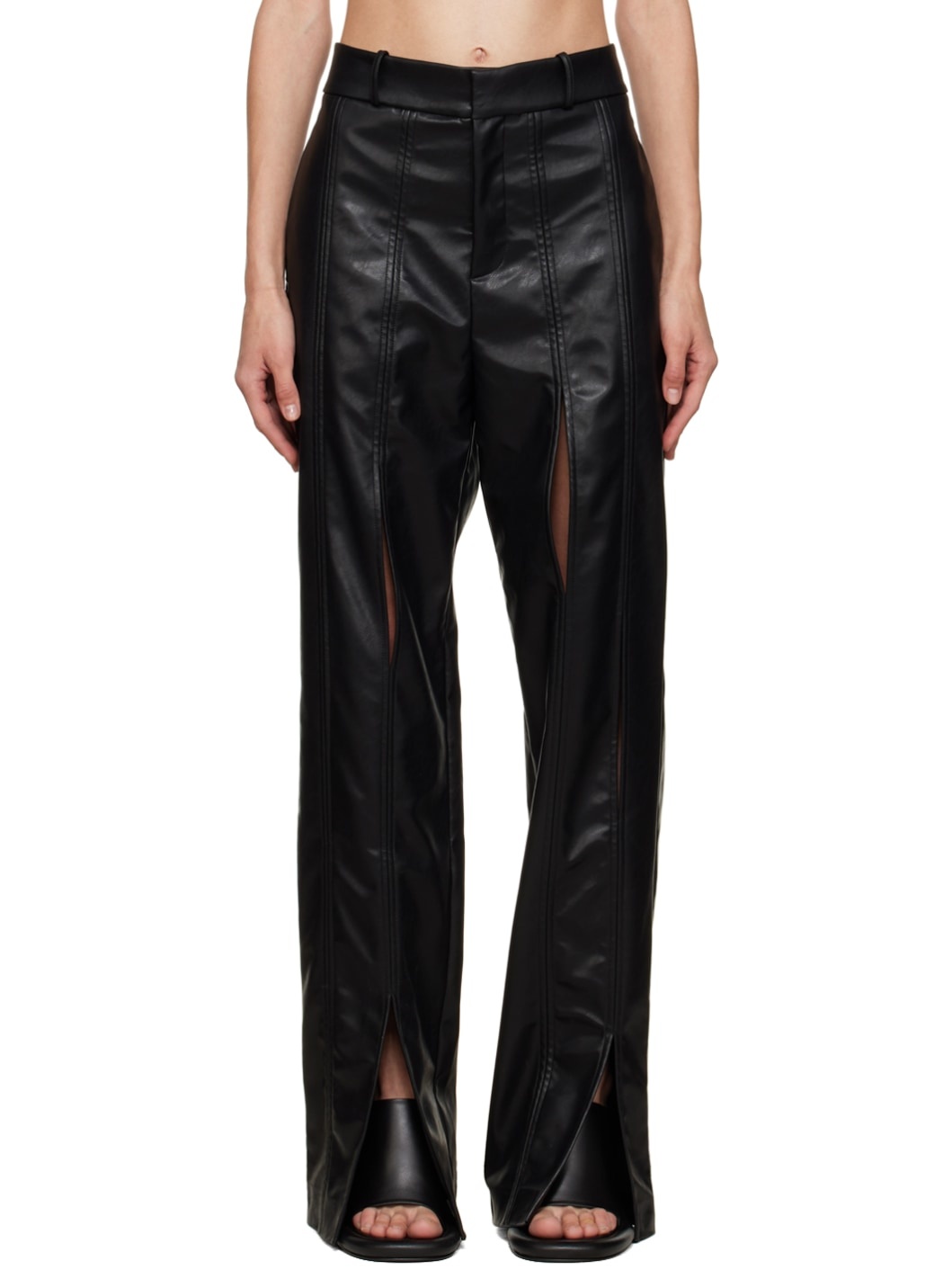 Black Split Seam Faux-Leather Trousers - 1