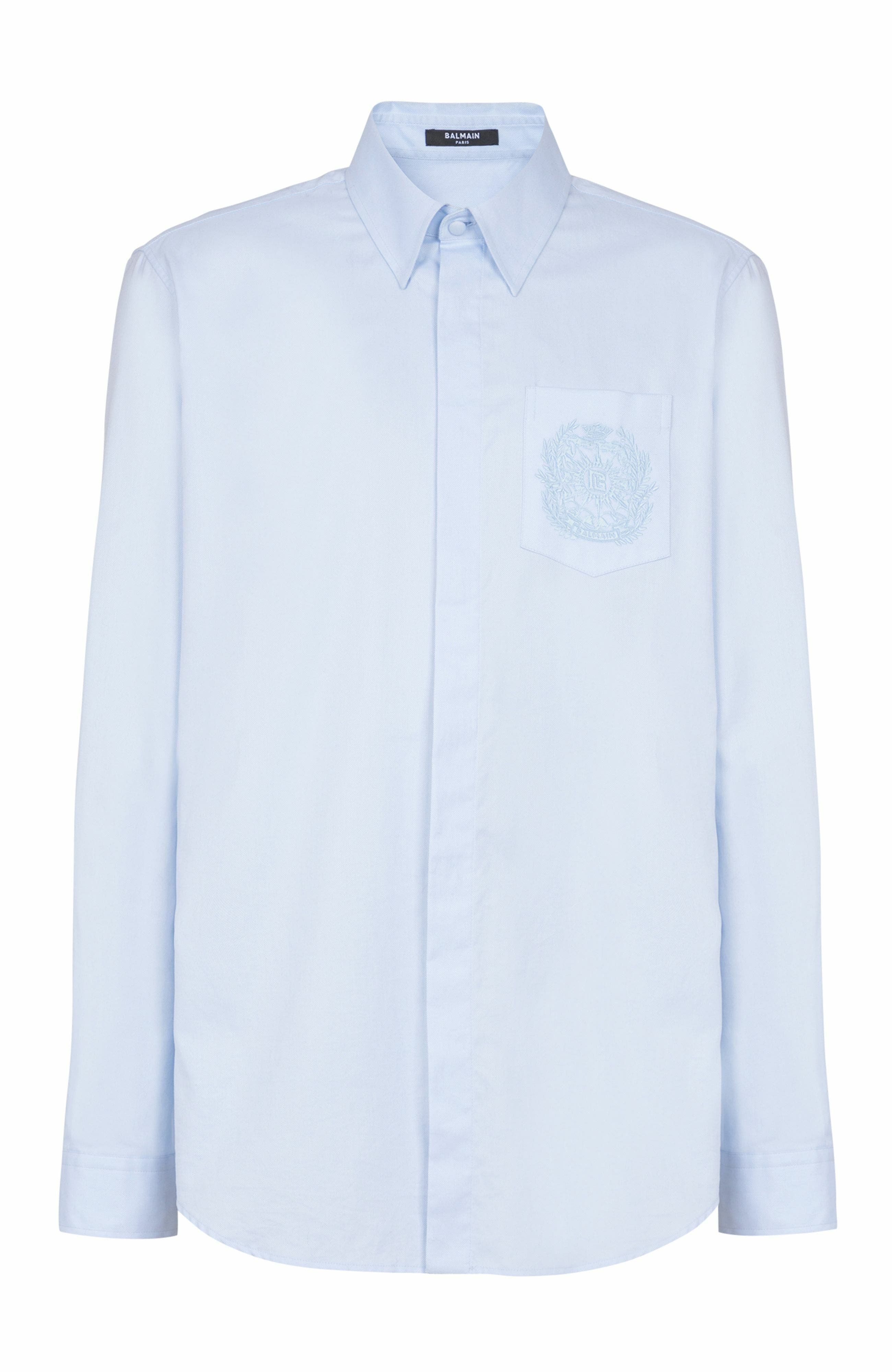 Balmain Écusson embroidered cotton shirt in Blue at Nordstrom - 1