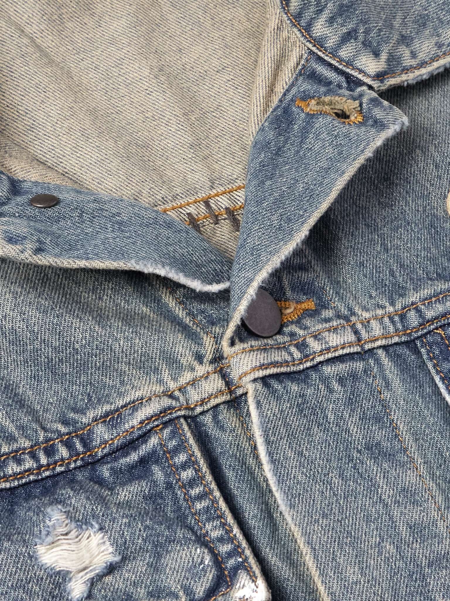 Vintage Pegasus Embellished Distressed Paint-Splattered Denim Trucker Jacket - 4