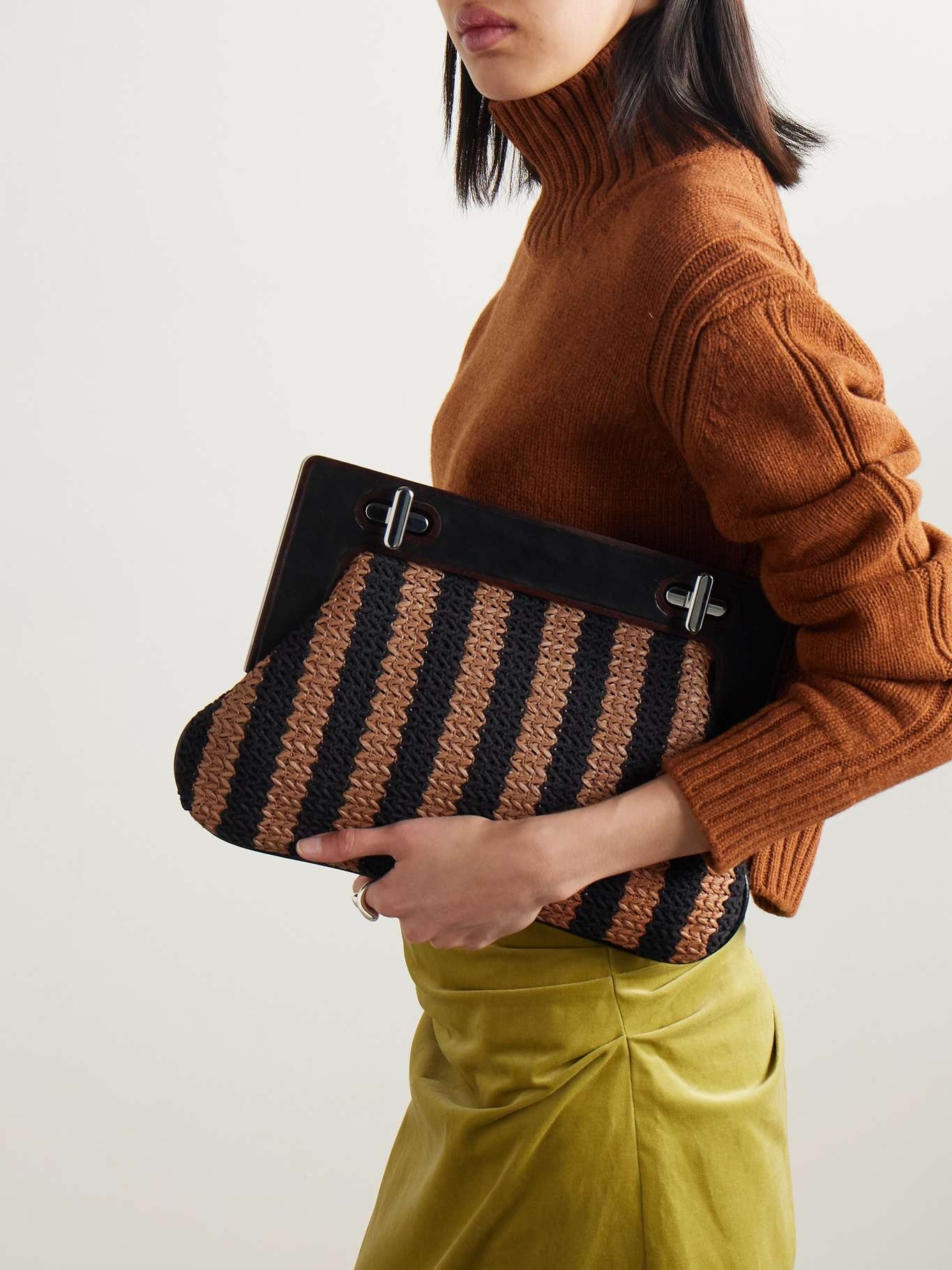 Alba wood and leather-trimmed striped raffia clutch - 2