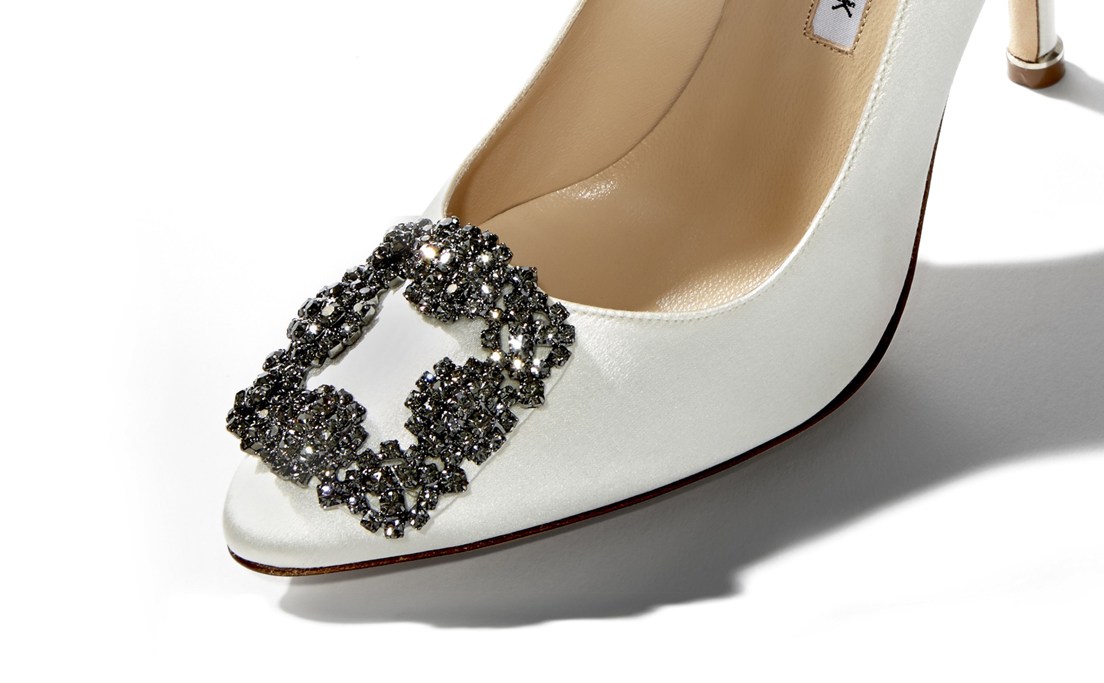 White Satin Jewel Buckle Pumps - 4