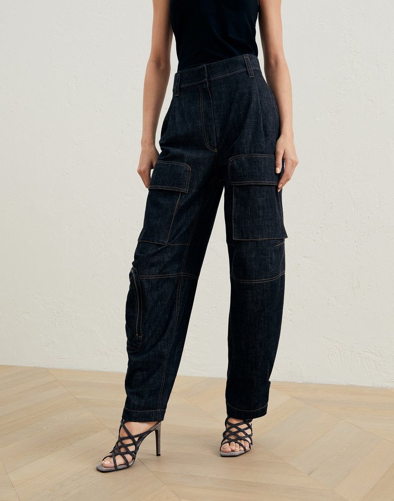Dark polished denim multipocket trousers with monili - 1