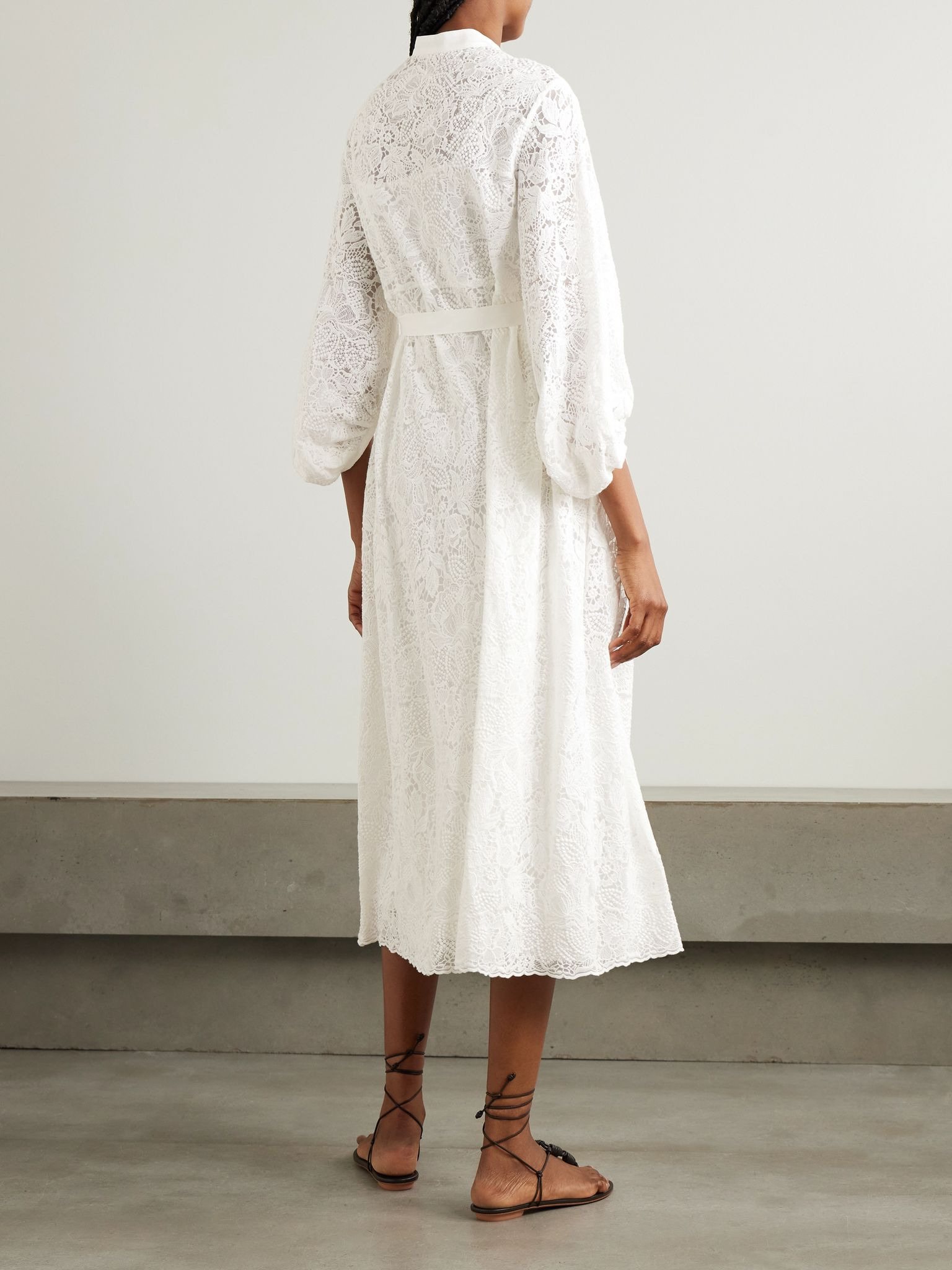 Belted poplin-paneled cotton-lace midi shirt dress Ivory - 3