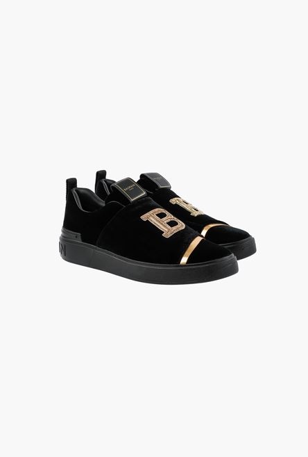 Black embroidered velvet B-Court sneakers with gold Balmain monogram - 2