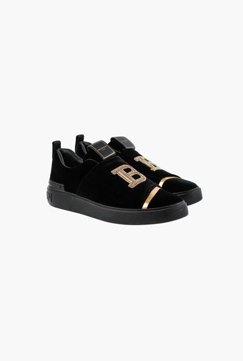 Balmain Black embroidered velvet B-Court sneakers with gold Balmain monogram outlook