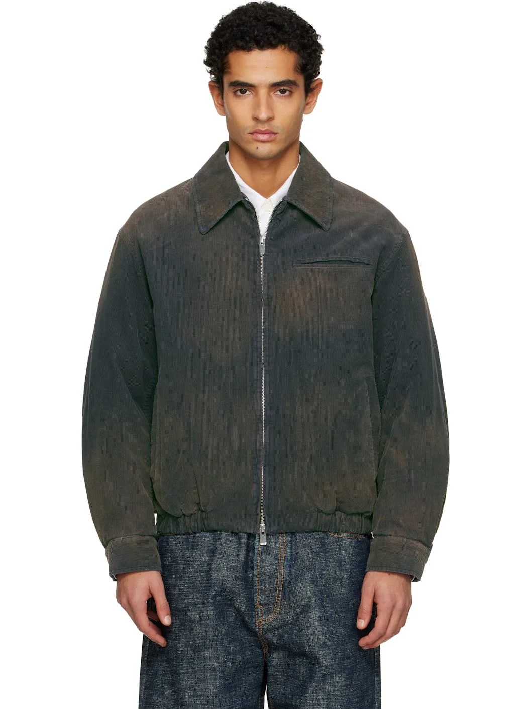 Navy Garment-Washed Corduroy Bomber Jacket - 1