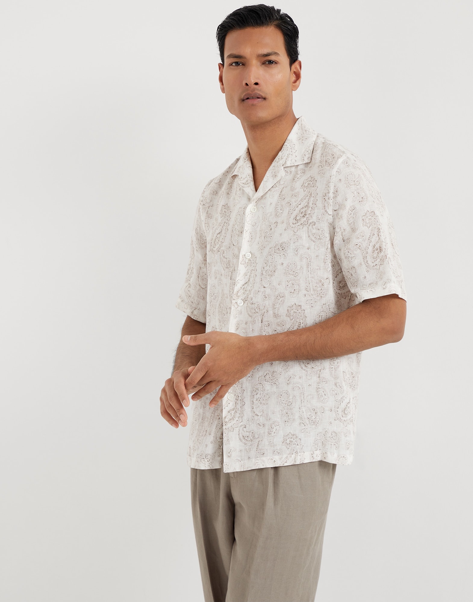Paisley linen short sleeve easy fit shirt with camp collar - 1