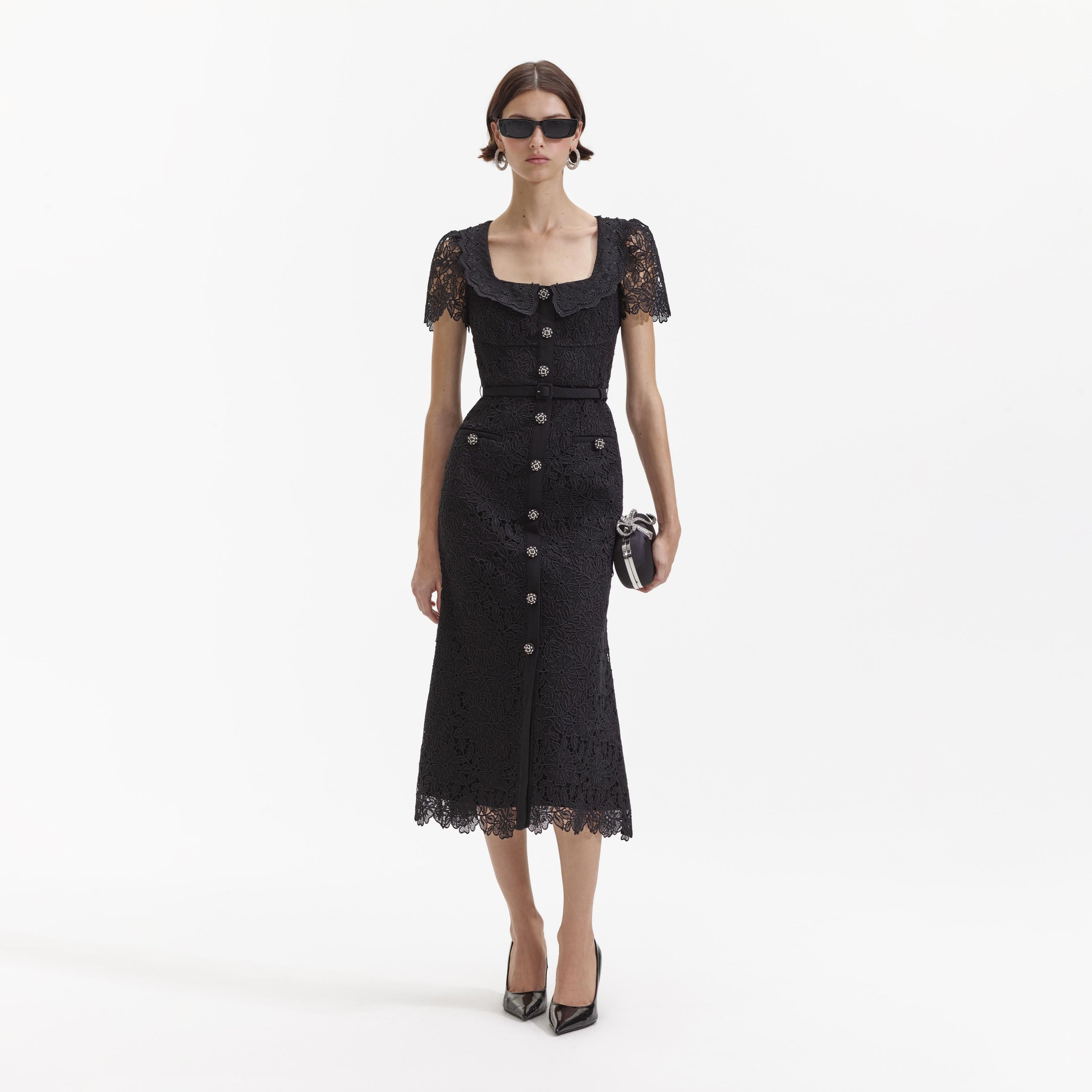 Black Guipure Lace Button Midi Dress - 1