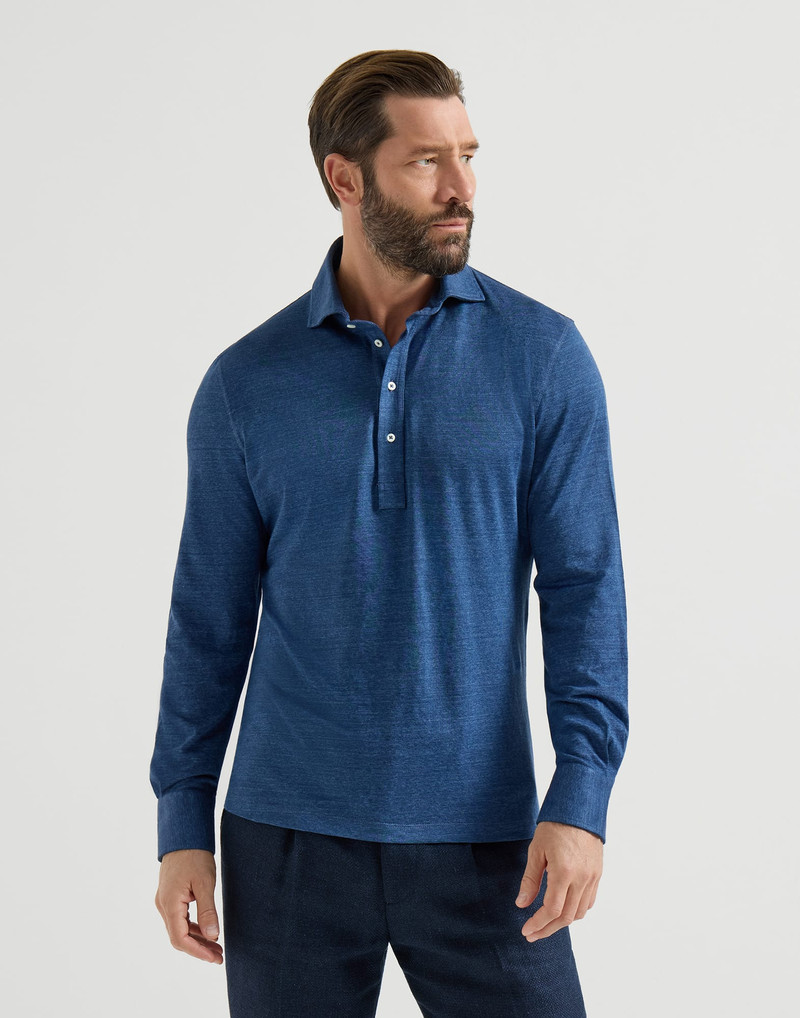 Linen and cotton mélange jersey long sleeve polo with shirt-style collar 2