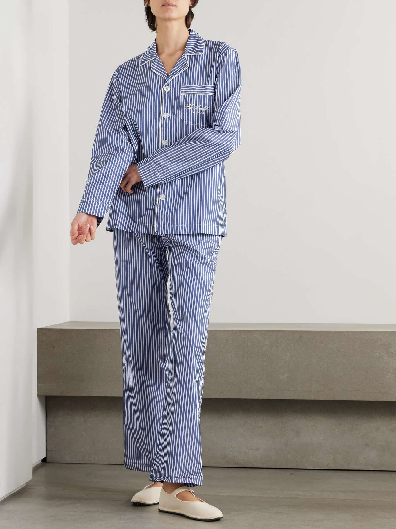 + The Carlyle embroidered striped cotton-poplin pajama pants Blue - 3