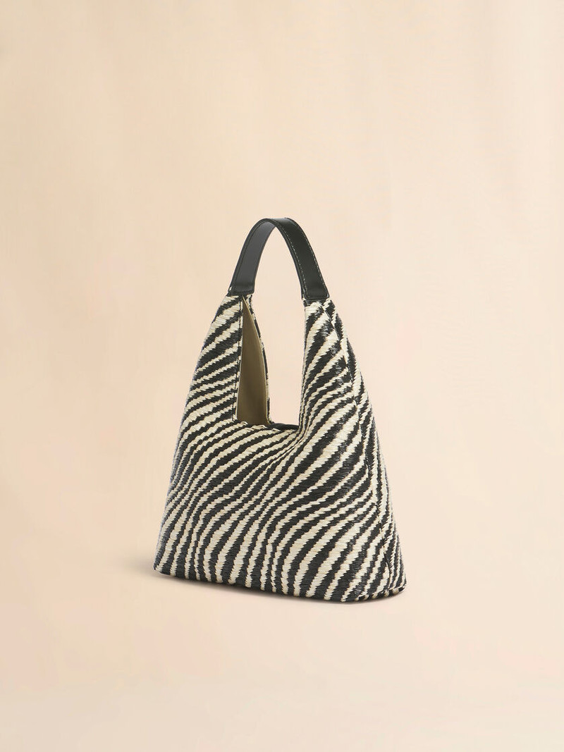 BLACK WAVY RAFFIA-EFFECT TRAPEZE MINI TOP HANDLE BAG 6