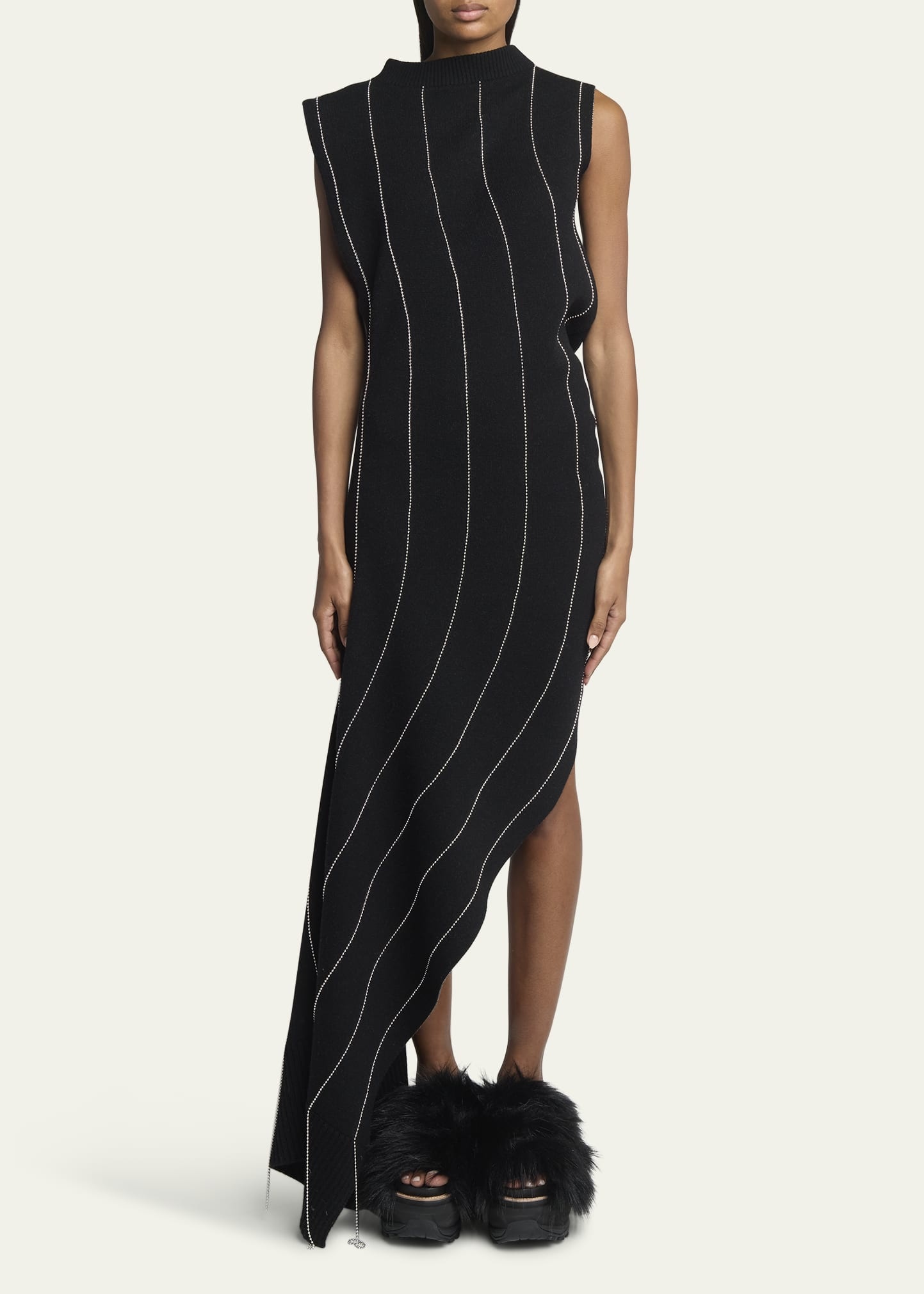 Long Chalk Stripe Knit Asymmetric Dress - 2