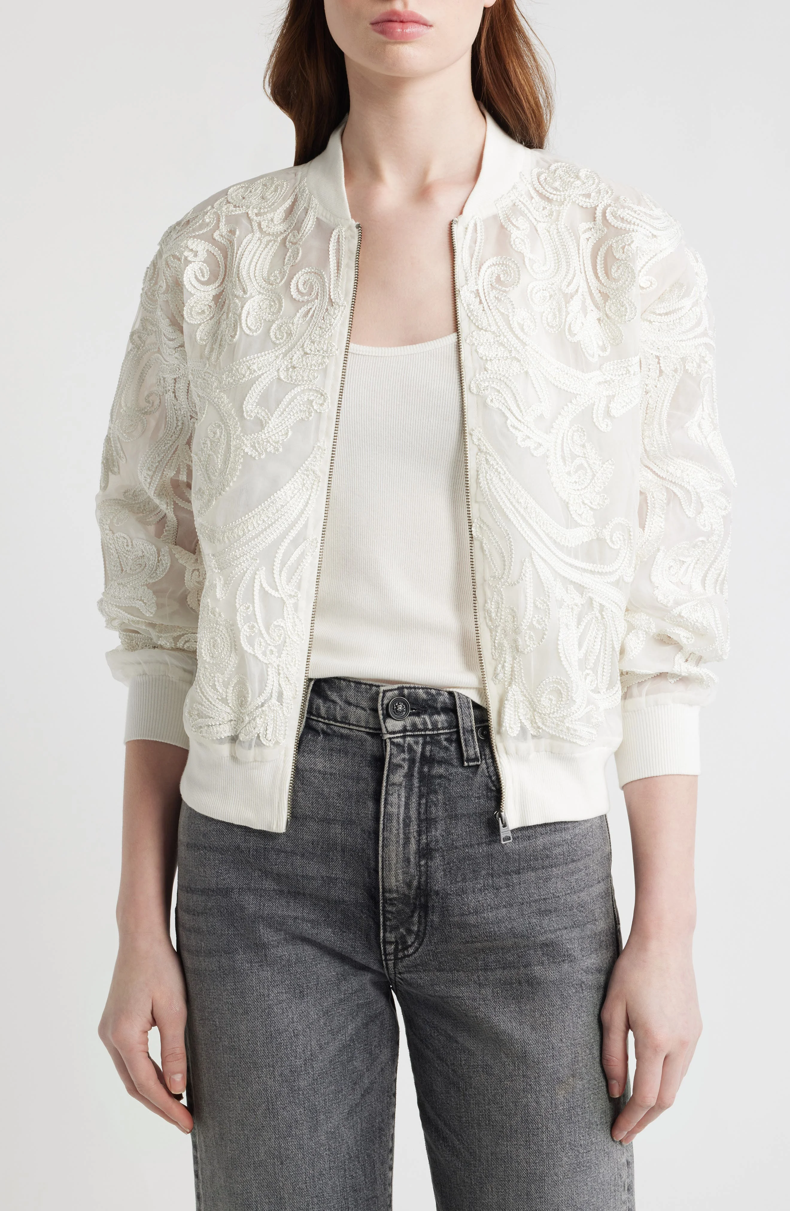 AllSaints Jade Embroidered Bomber Jacket in White at Nordstrom - 1