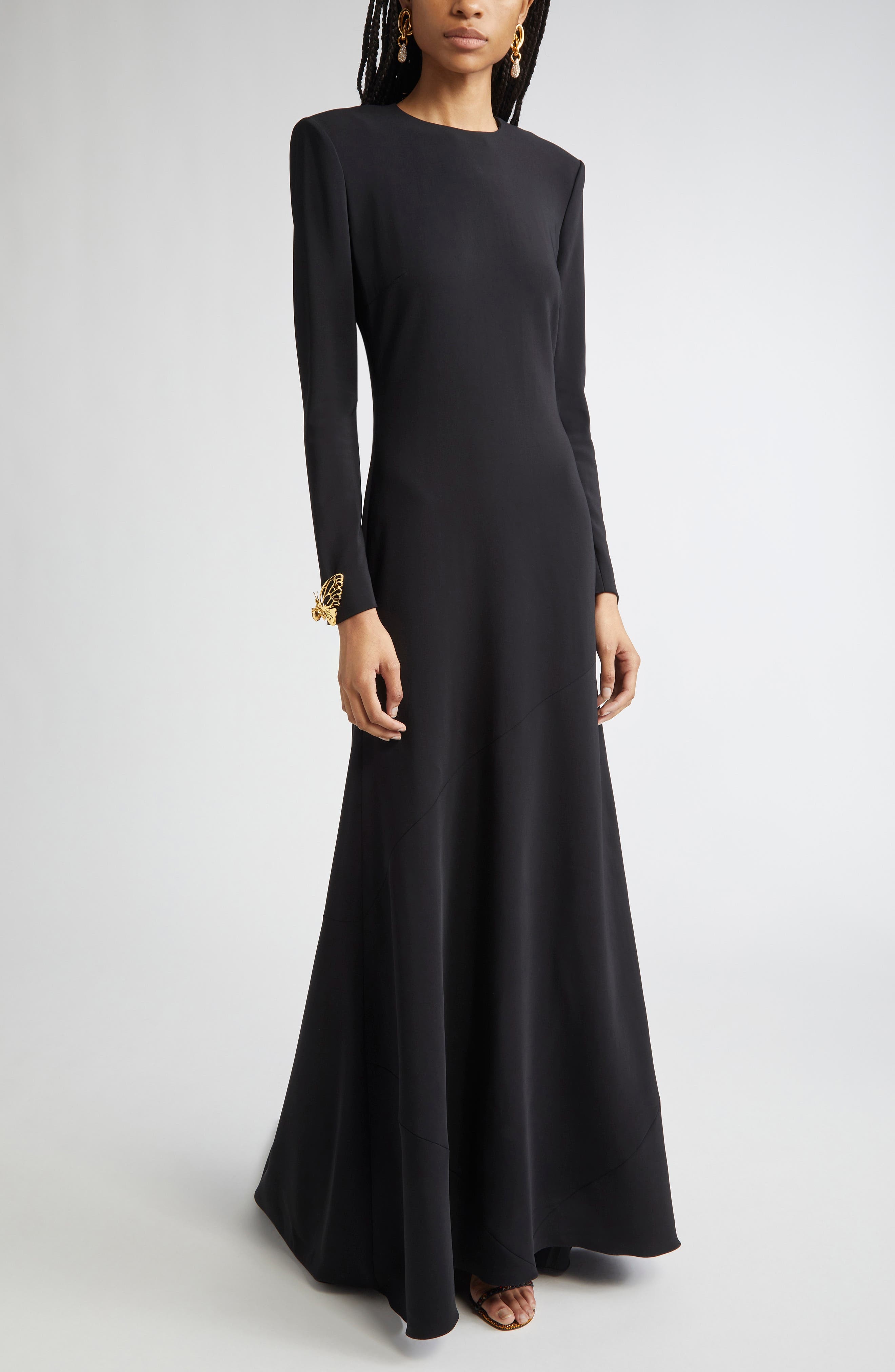 Oscar de la Renta Butterfly Detail Long Sleeve Open Back Gown in Black at Nordstrom - 1