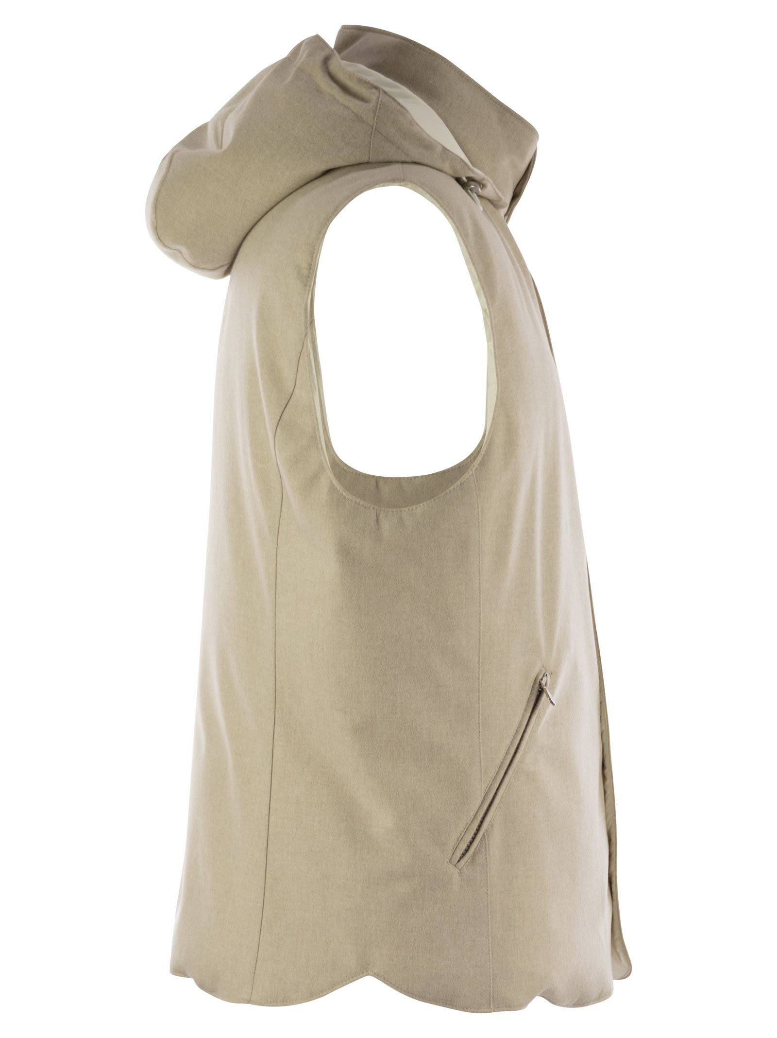 Brunello Cucinelli Men Sleeveless Down Jacket In Membraned Wool Flannel With Detachable Hood - 3