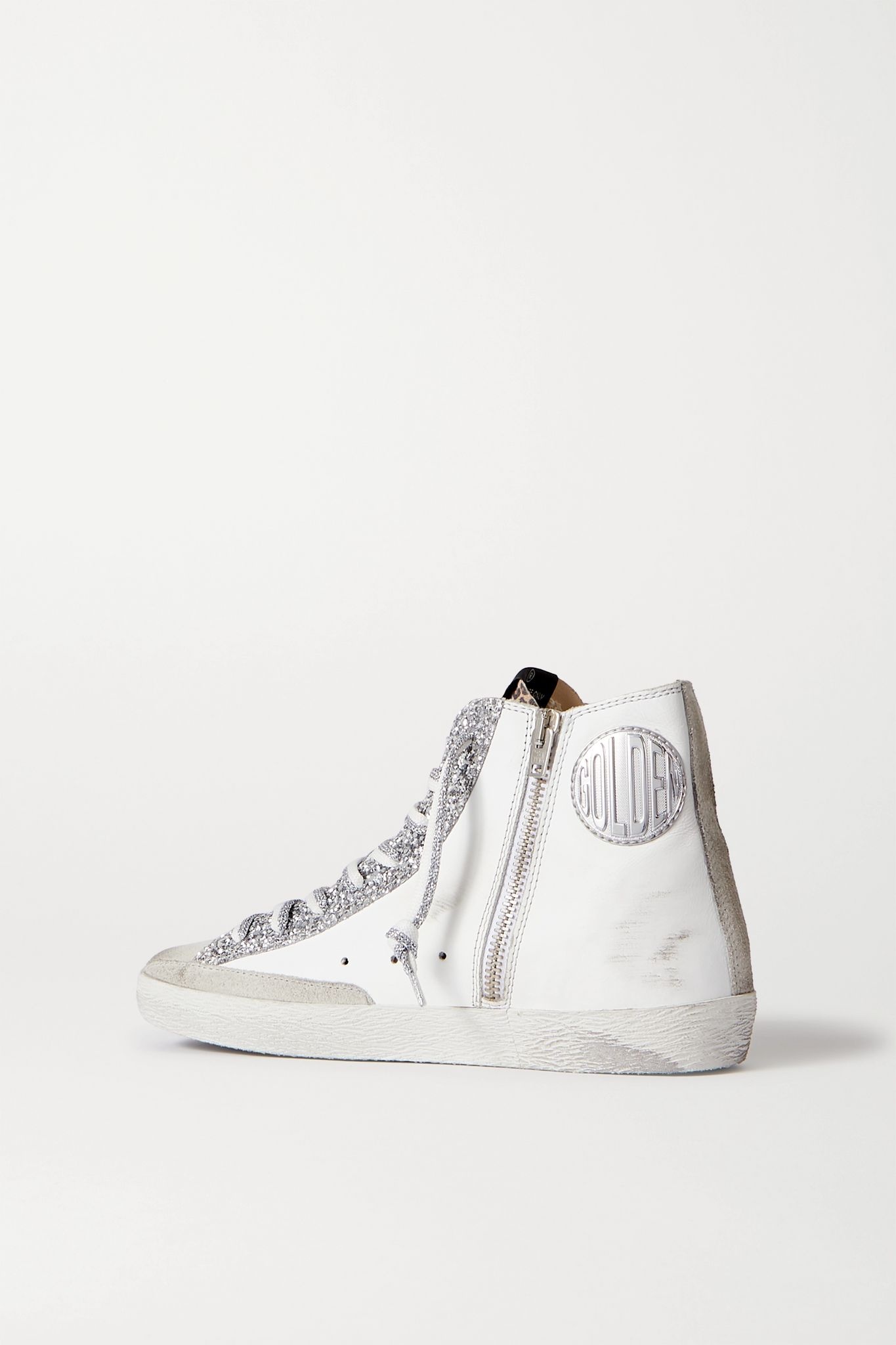 Francy glittered distressed leather and suede high-top sneakers - 3