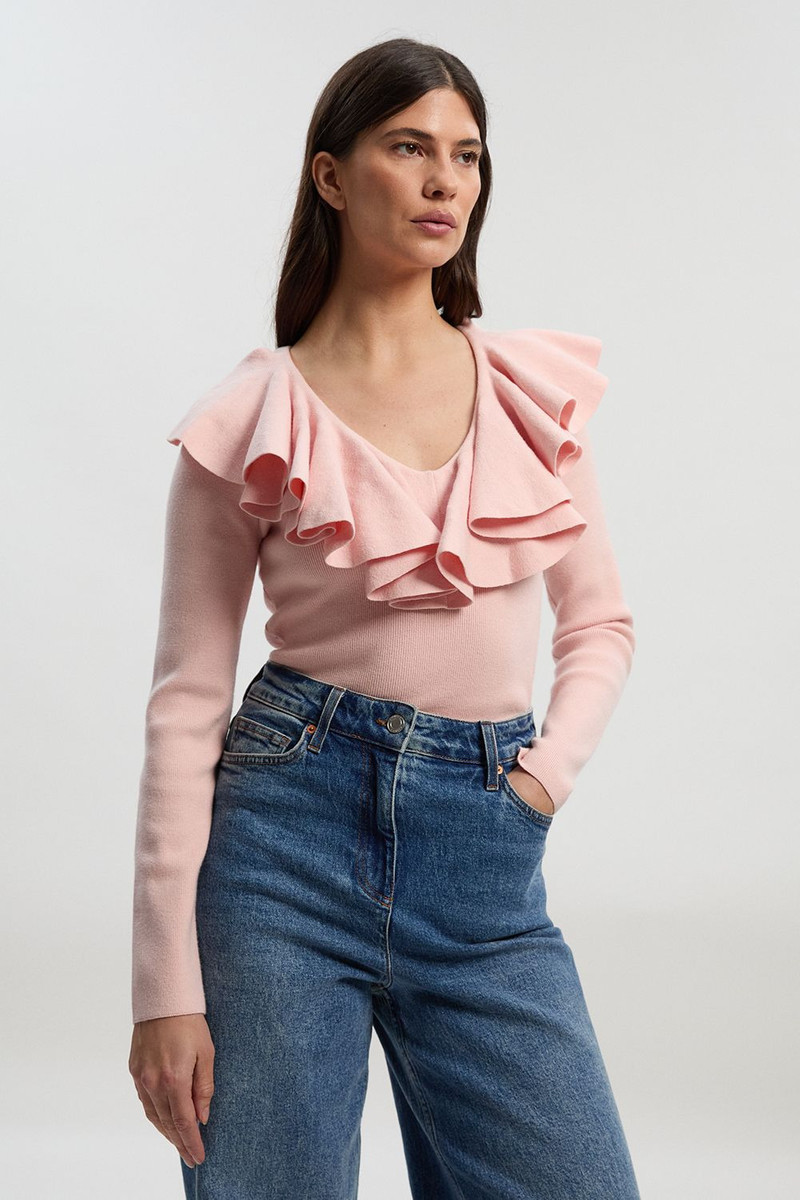 KAREN MILLEN Compact Wool Look Ruffle V Neck Knit Top outlook