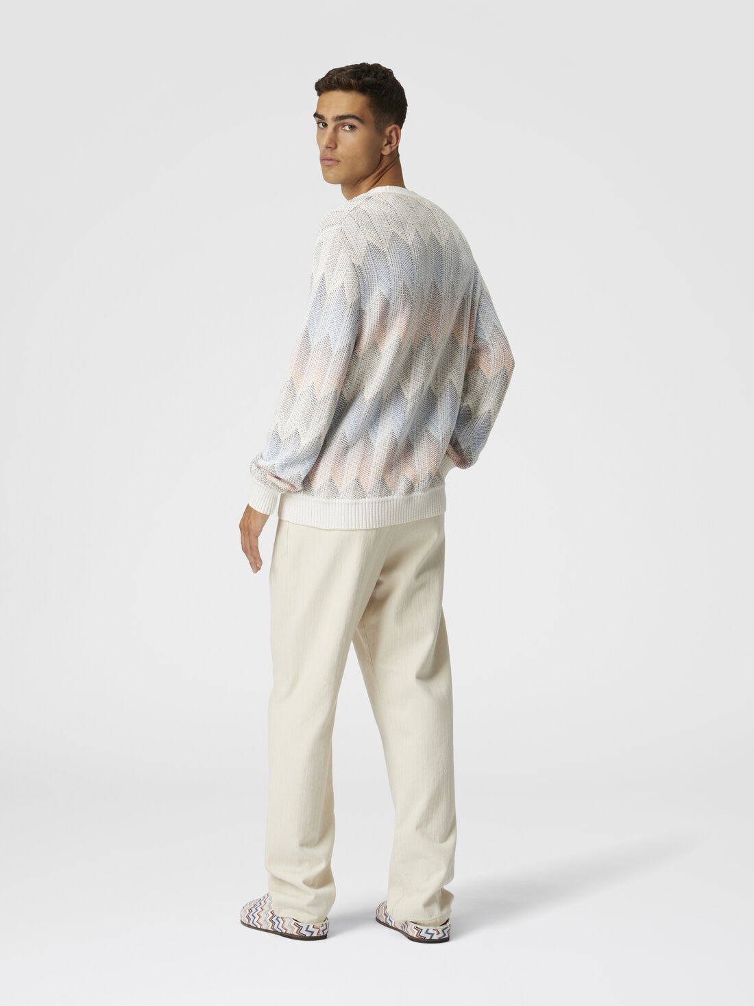 Crewneck sweater in gradient cotton chevron blend with contrasting piping - 3