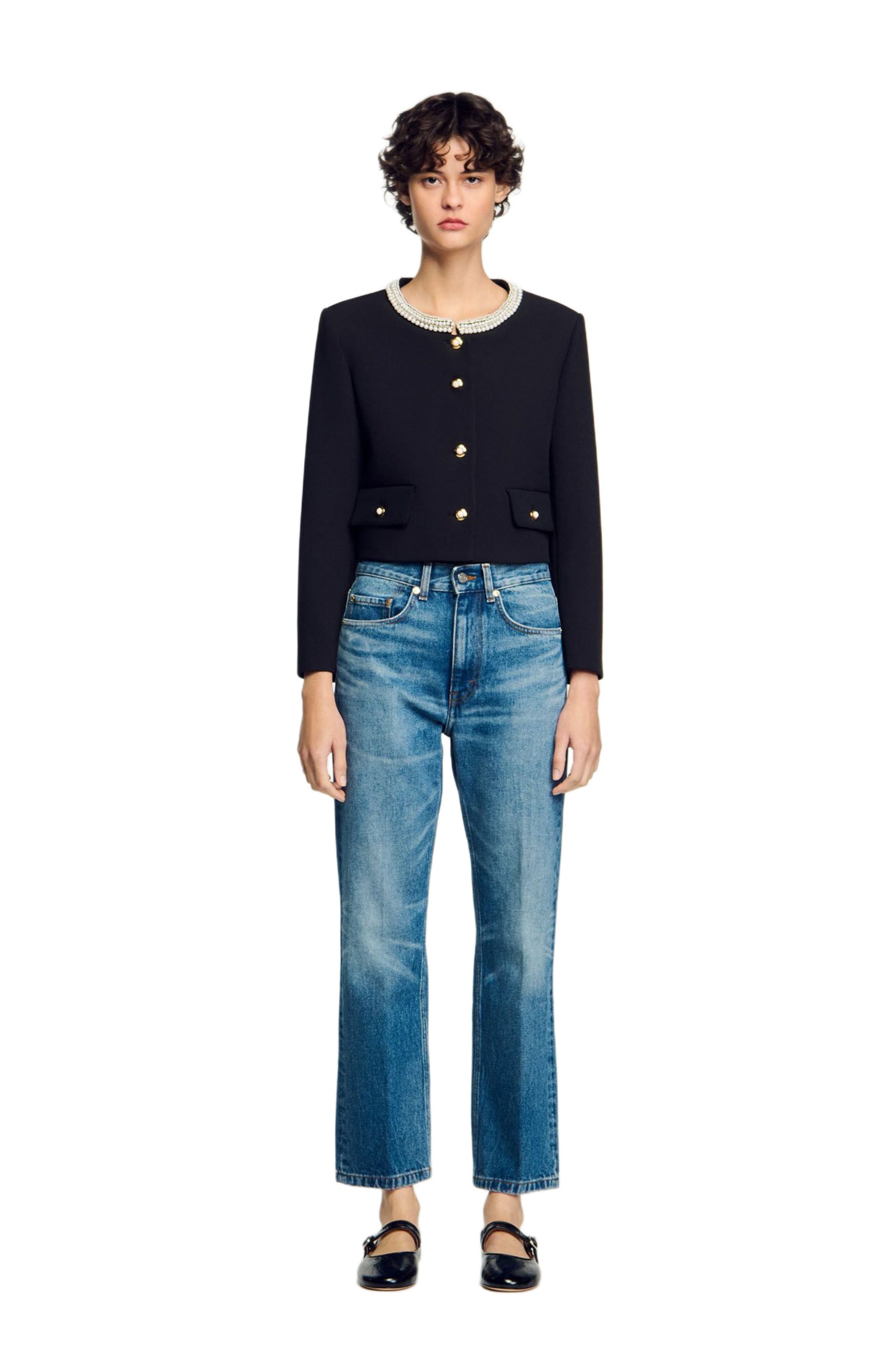 SANDRO Jacket with beaded collar in Black at Nordstrom - 5