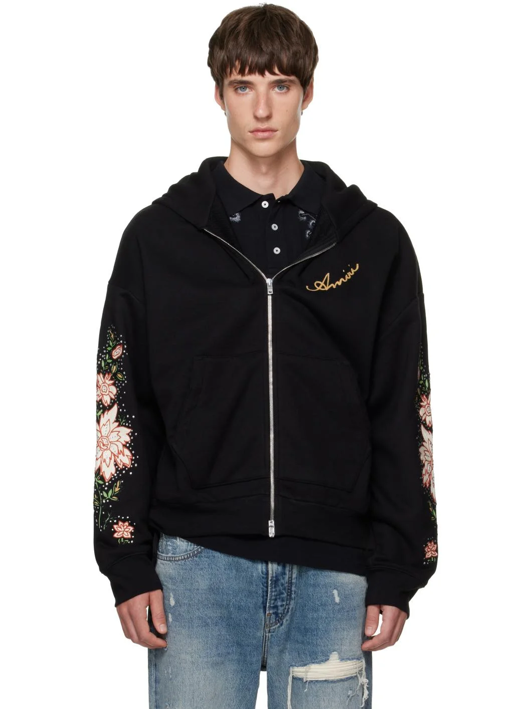 Black Floral Sleeve Zipped Hoodie - 1