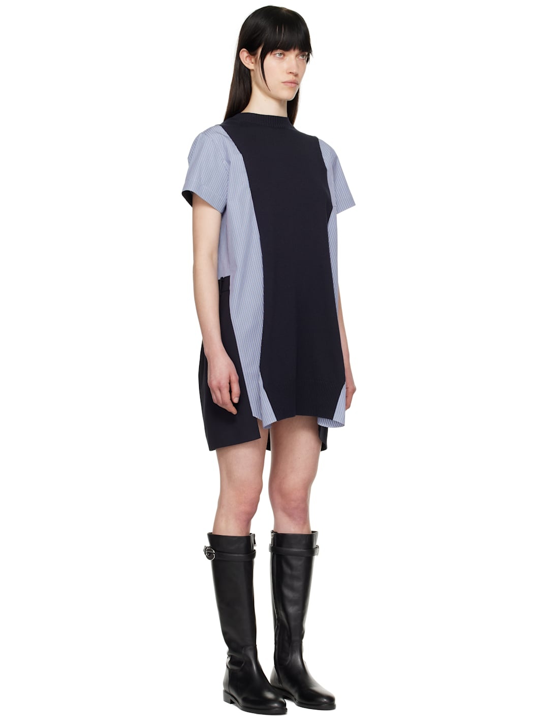 Navy Poplin & Knit Minidress - 2