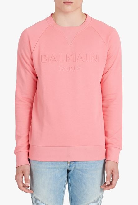 Salmon pink cotton sweatshirt with embossed Balmain logo - 5