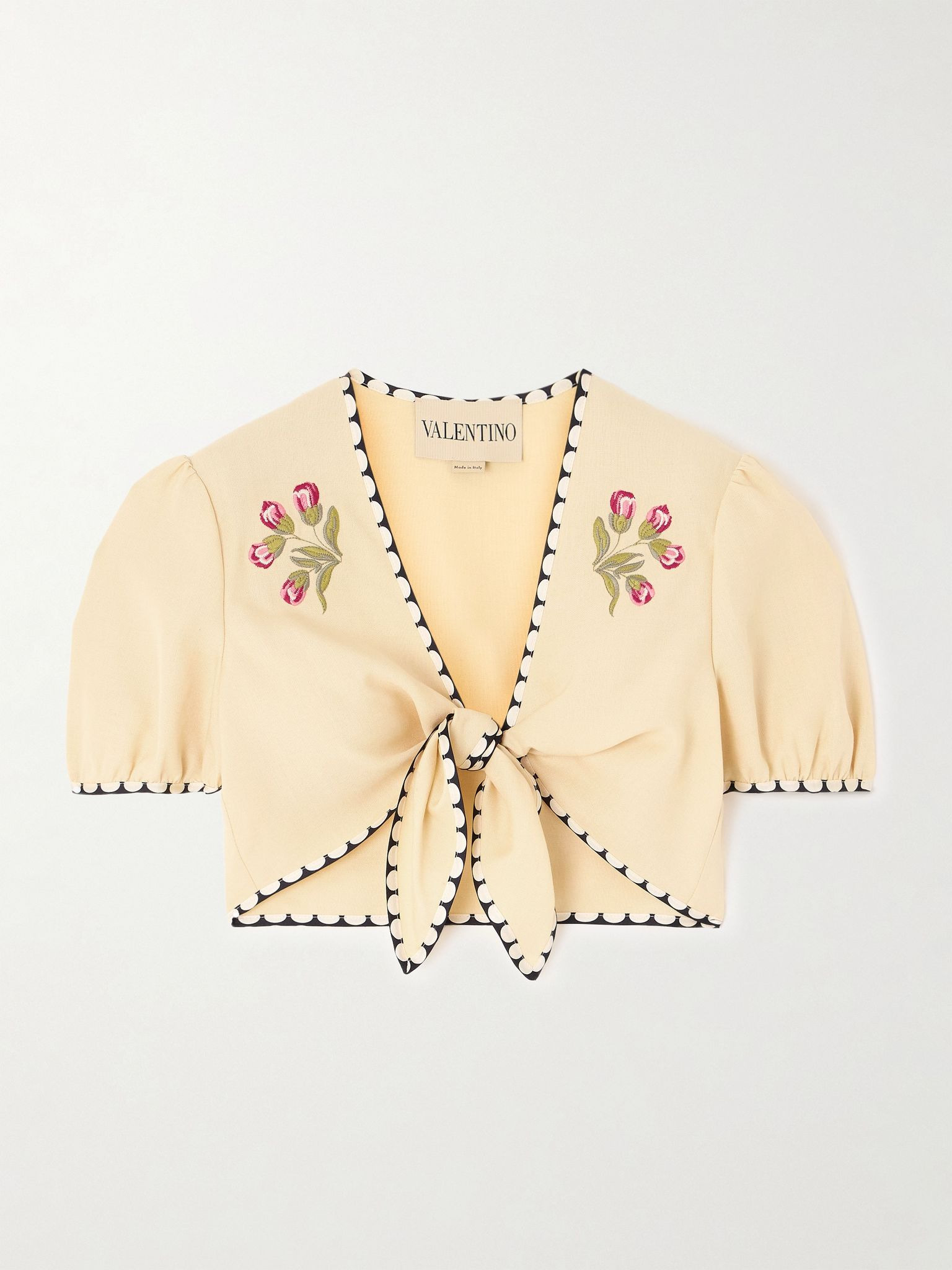 Cropped embroidered polka-dot silk-trimmed canvas top Cream - 1