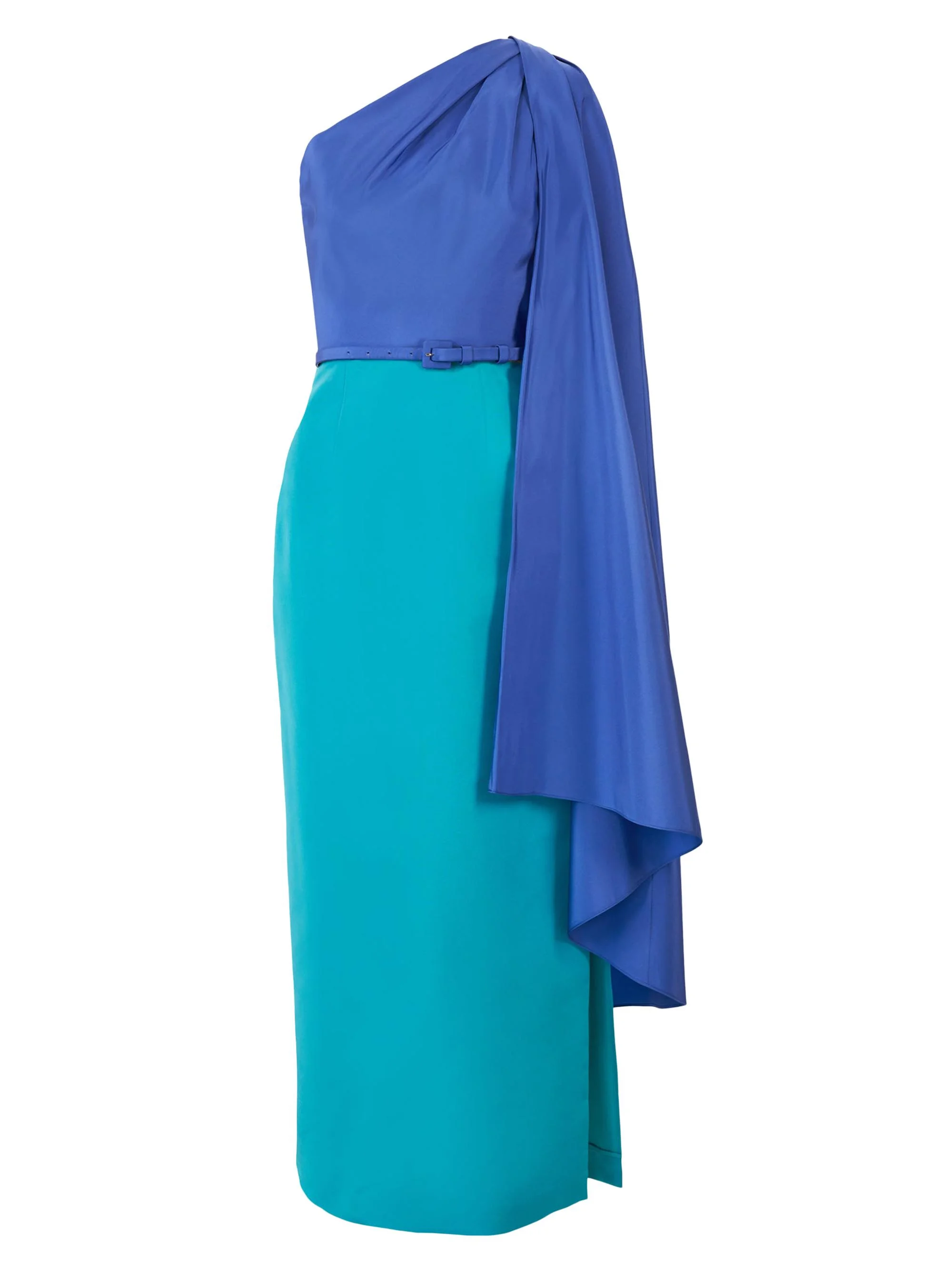 Women's Colorblocked Silk Draped Shoulder Sheath Gown - Turquoise Multi - 1