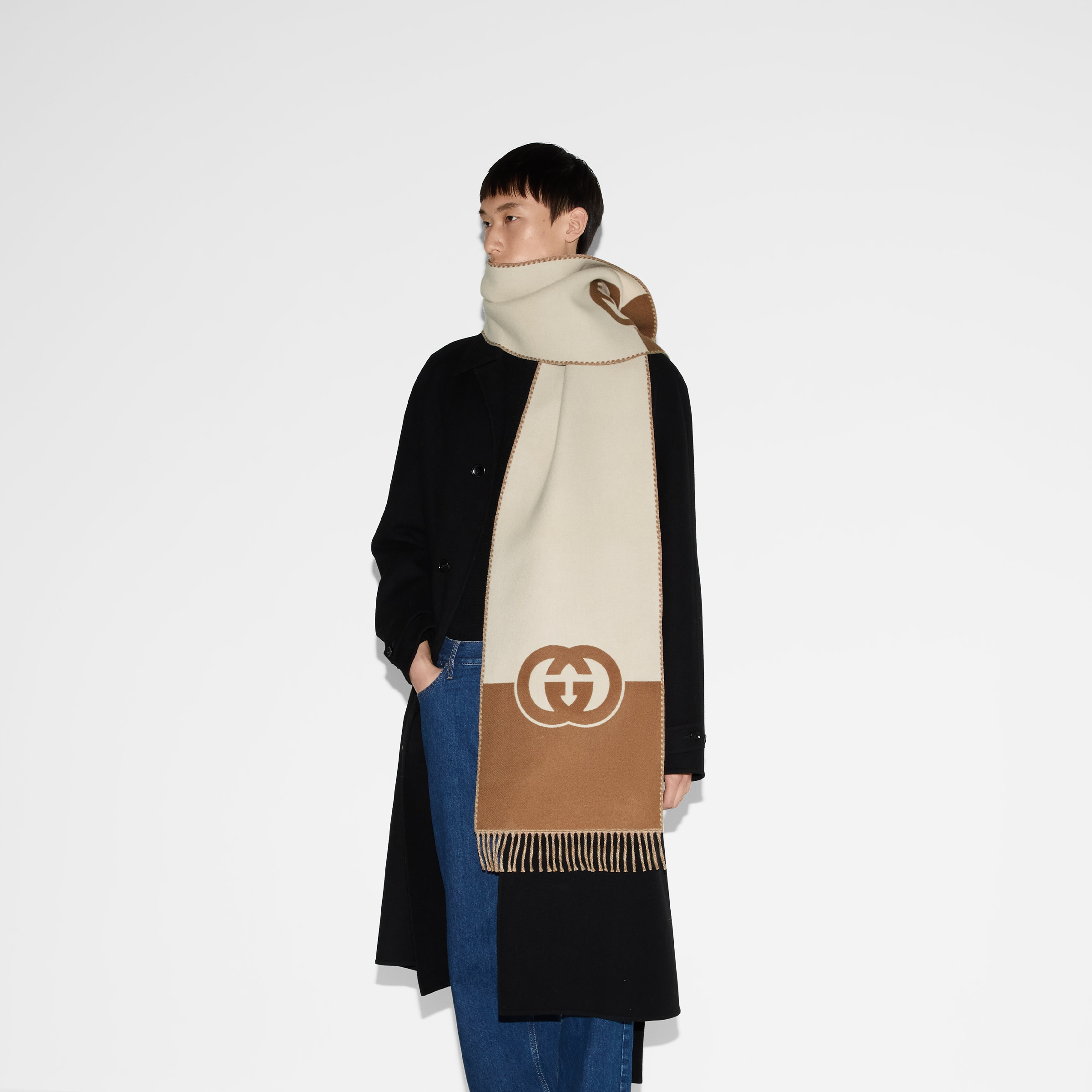 Wool cashmere scarf with Interlocking G - 4