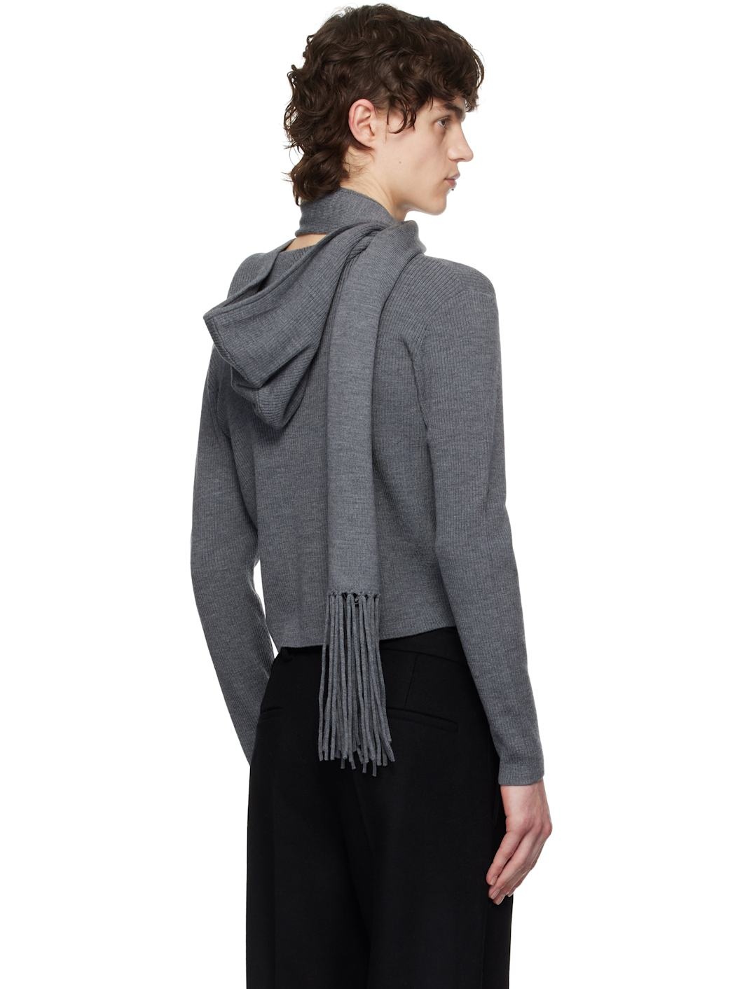 Gray Knitted Scarf & Hoodie Set - 3