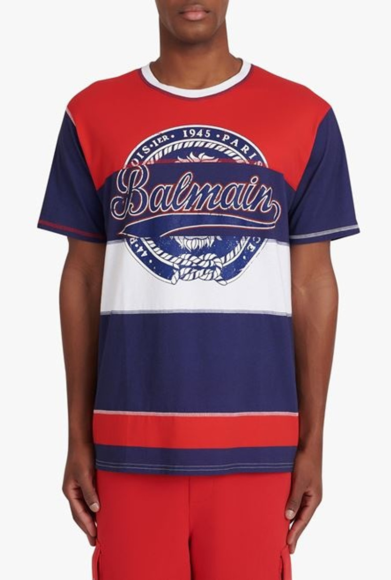 HIGH SUMMER CAPSULE - Blue, red and white cotton T-shirt with Balmain Paris logo print 5